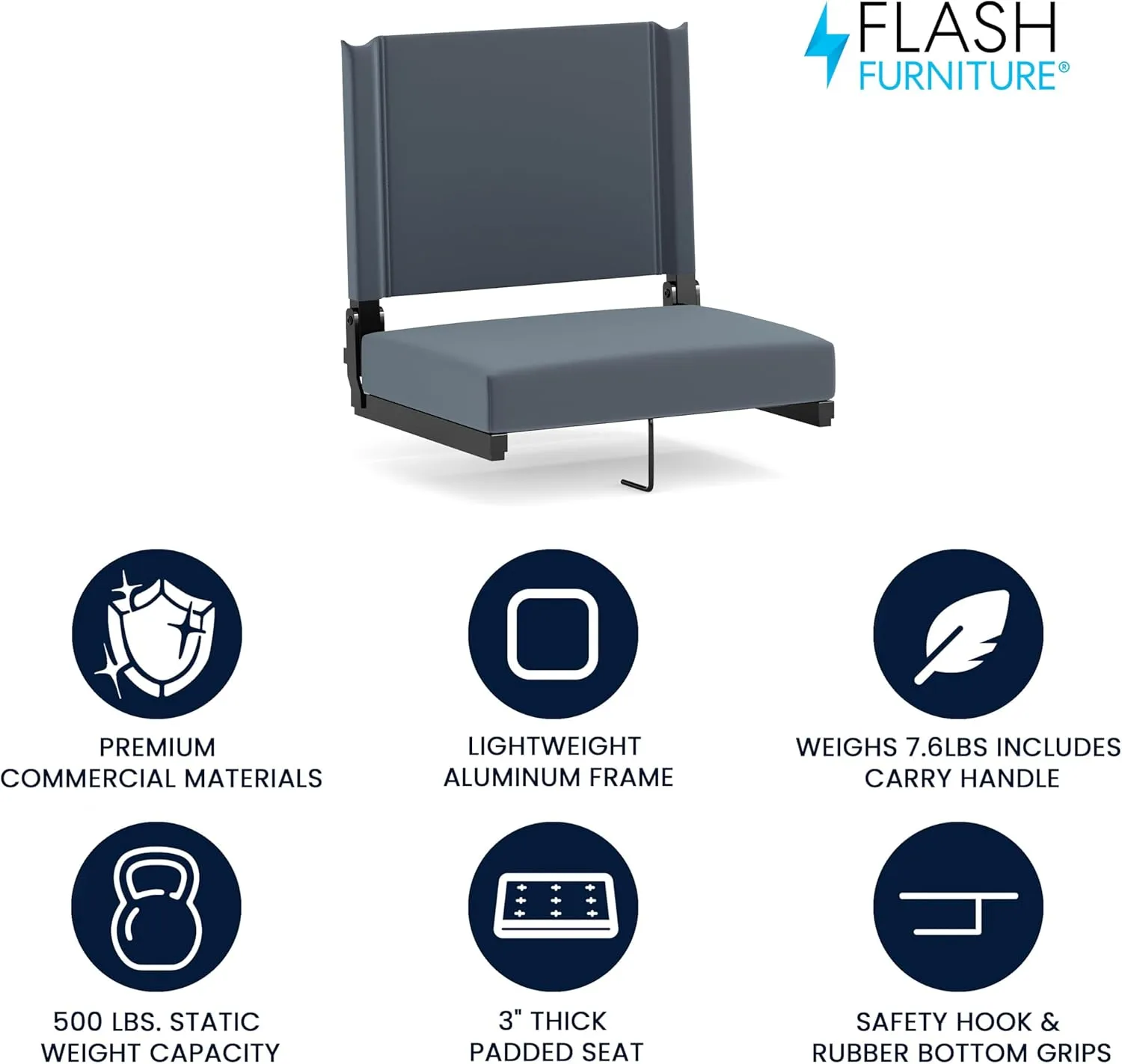 Flash Furniture Grandstand Portable Stadium Seat for Bleachers or Benches, Folding Padded Stadium Chair with Carrying Handle, 500 lb. Weight Capacity, Dark Blue