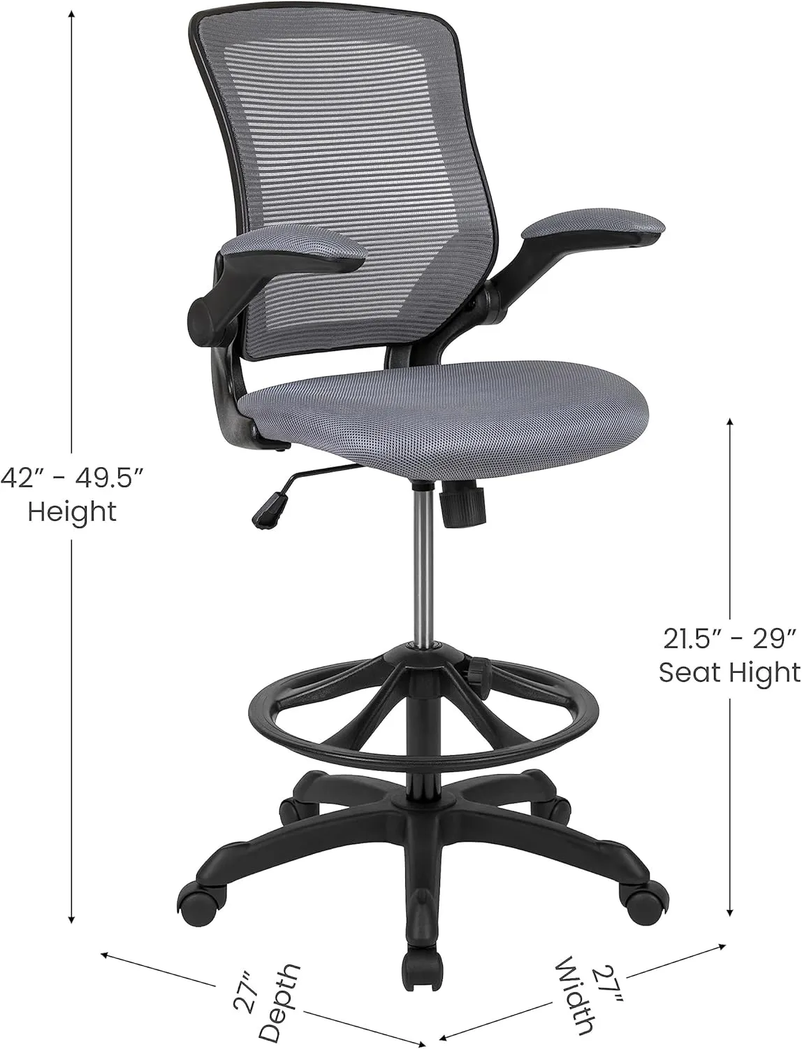 Flash Furniture Kale Mid-Back Swivel Office Chair with Height Adjustable Foot Ring and Lumbar Support, Mesh Executive Chair with Armrests, Dark Gray