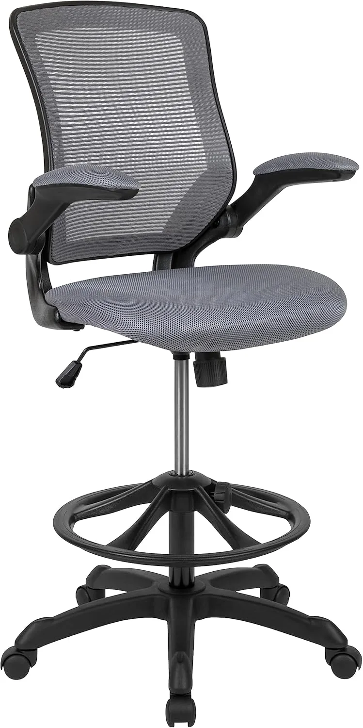 Flash Furniture Kale Mid-Back Swivel Office Chair with Height Adjustable Foot Ring and Lumbar Support, Mesh Executive Chair with Armrests, Dark Gray