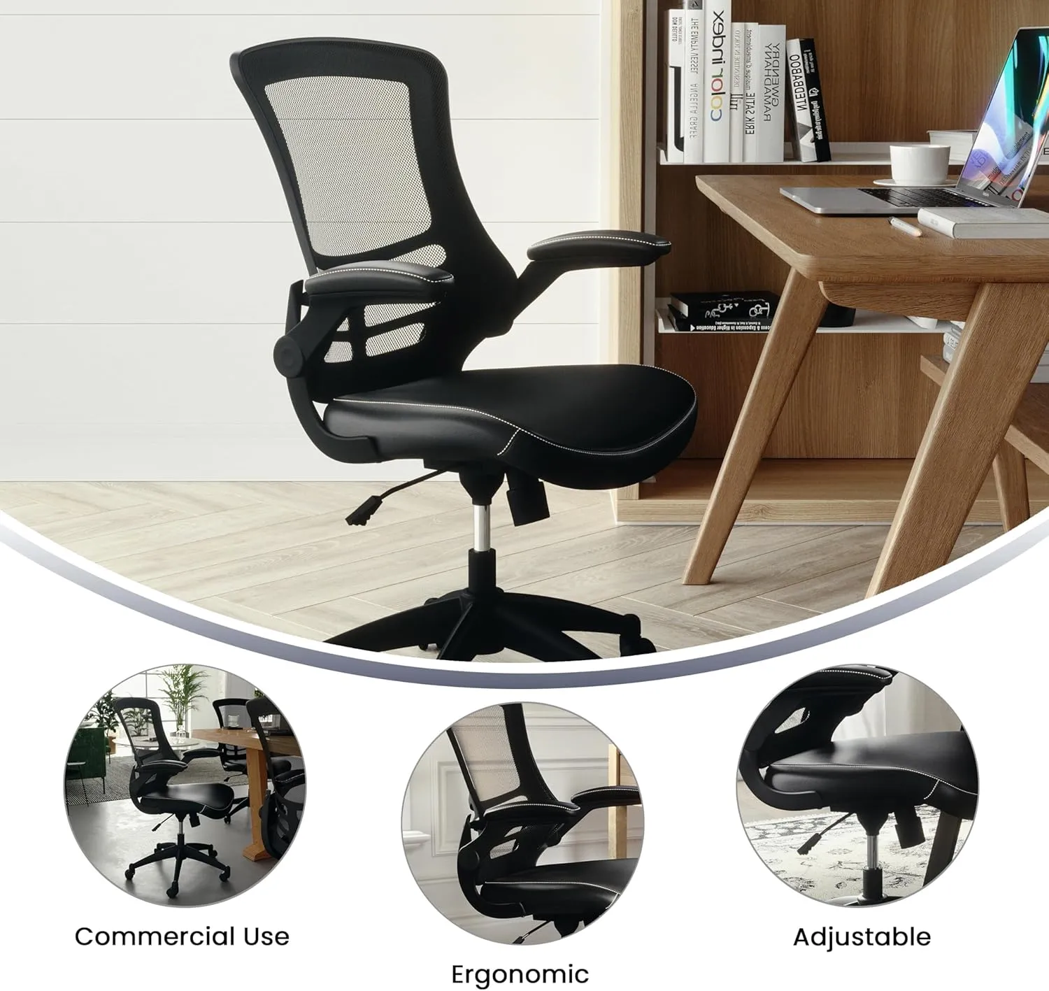 Flash Furniture Kelista Mid-Back Swivel Office Chair with Adjustable Seat Height, Ergonomic Mesh Desk Chair with LeatherSoft Seat, Black