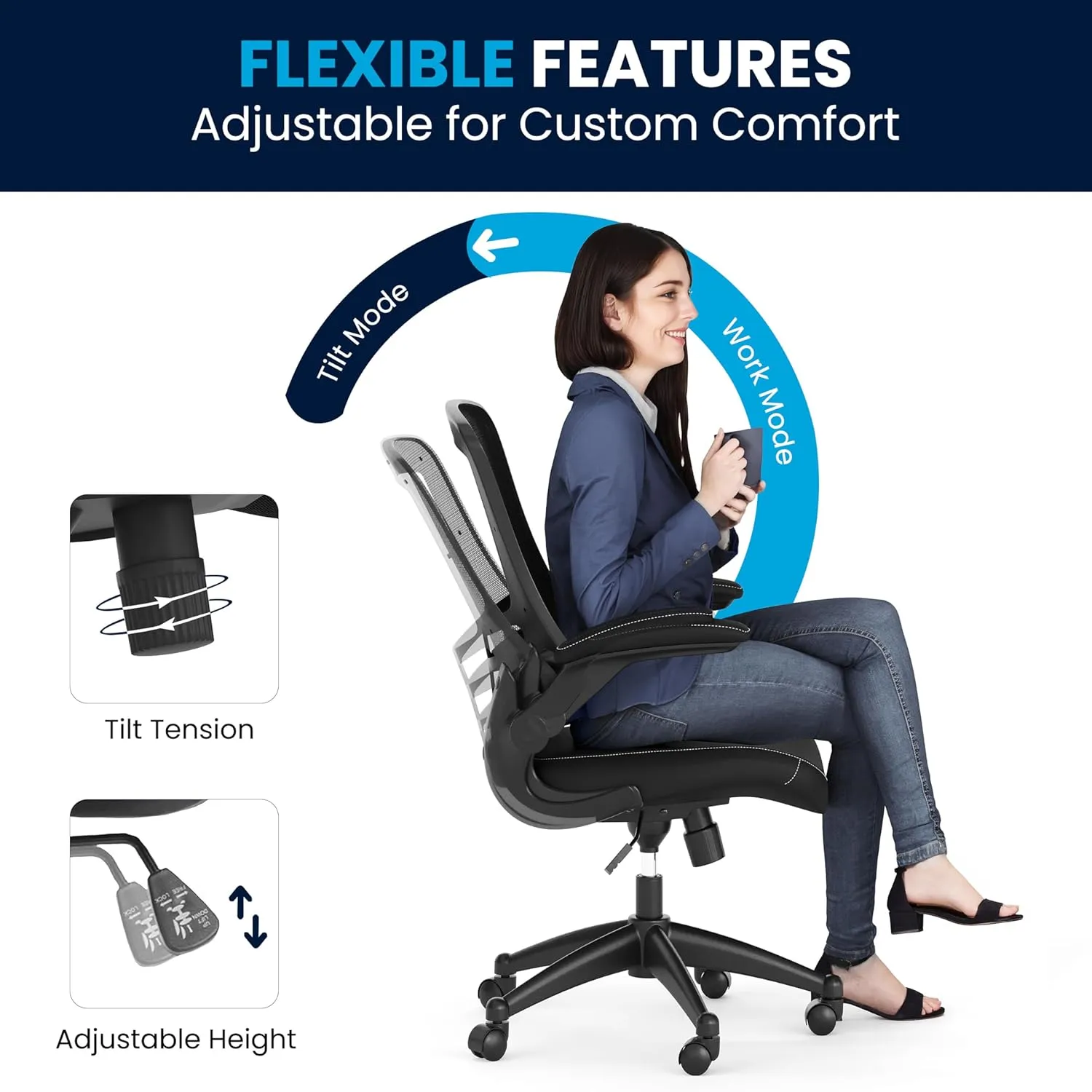 Flash Furniture Kelista Mid-Back Swivel Office Chair with Adjustable Seat Height, Ergonomic Mesh Desk Chair with LeatherSoft Seat, Black