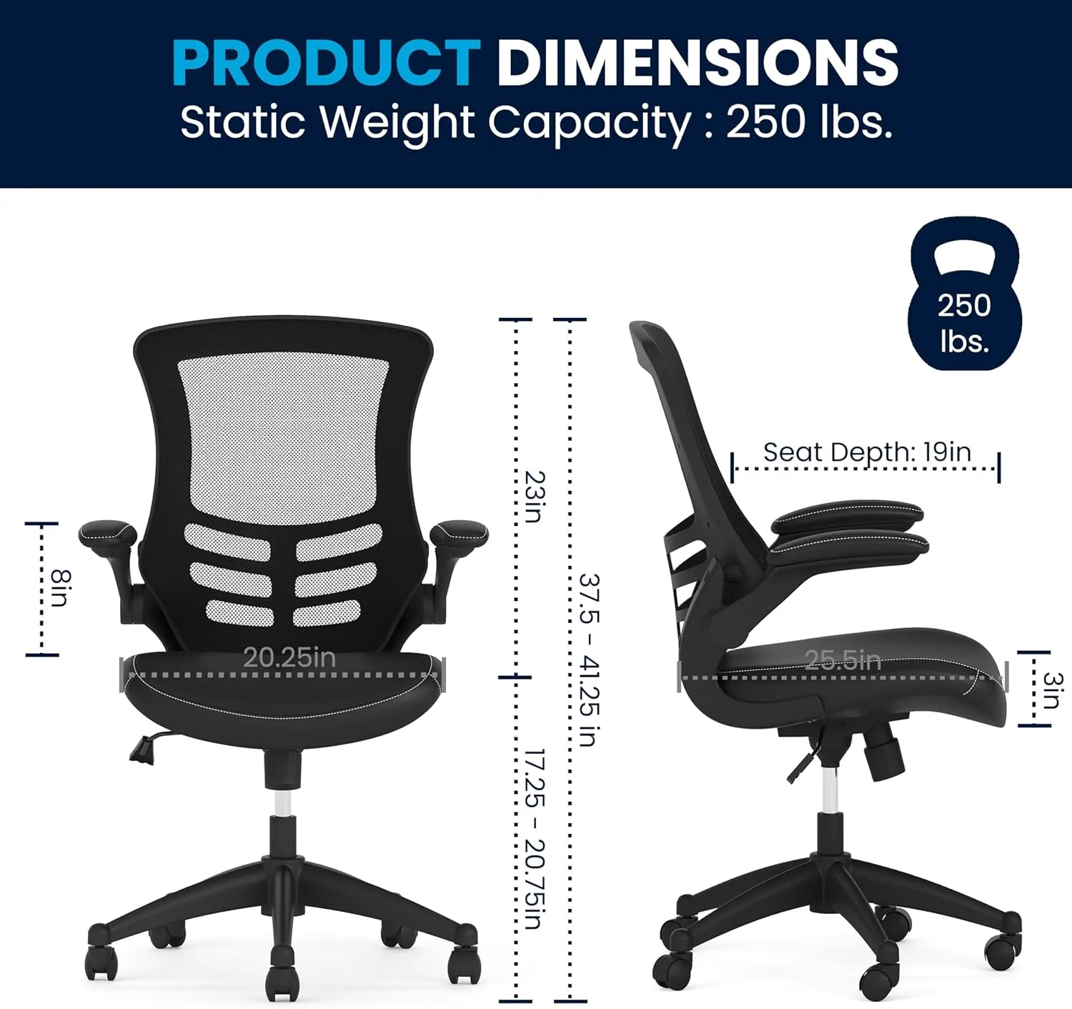Flash Furniture Kelista Mid-Back Swivel Office Chair with Adjustable Seat Height, Ergonomic Mesh Desk Chair with LeatherSoft Seat, Black