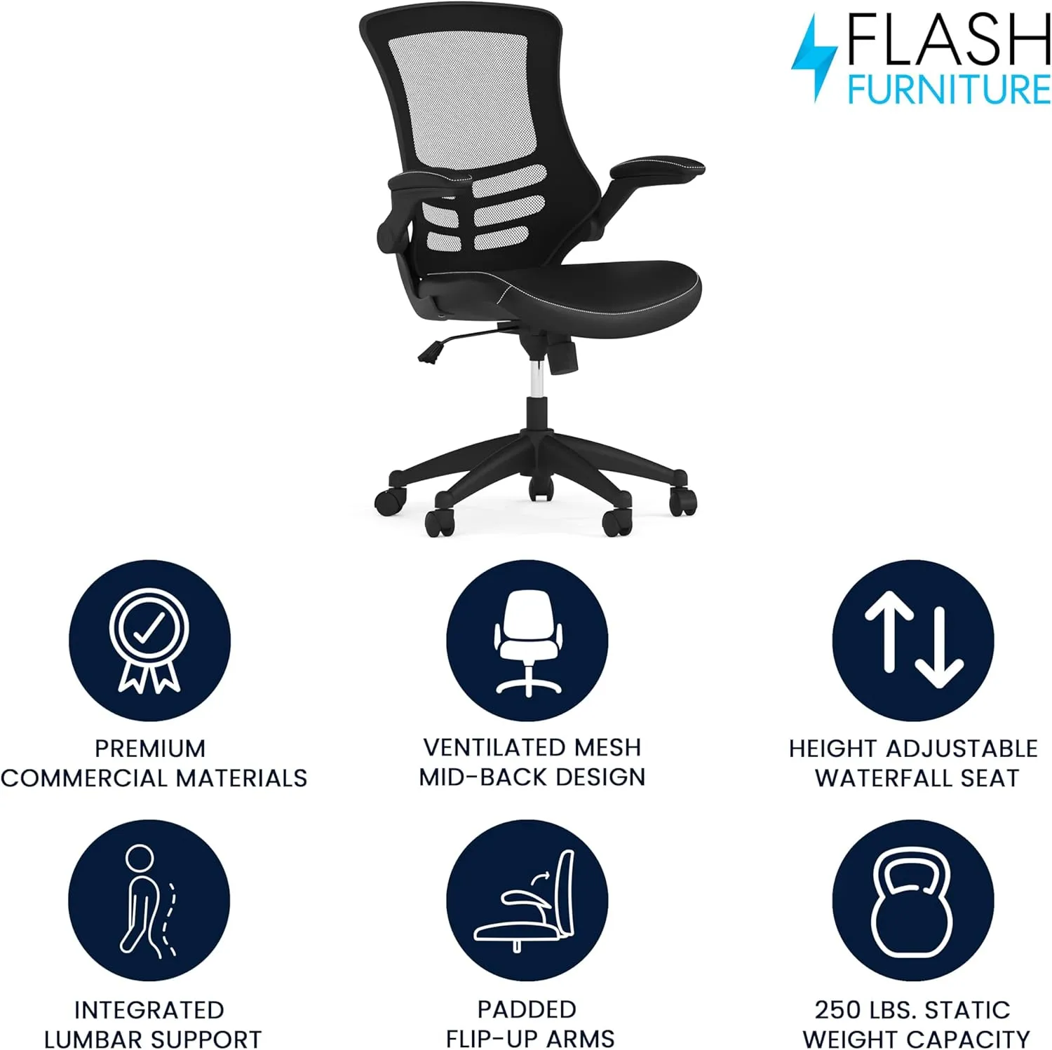 Flash Furniture Kelista Mid-Back Swivel Office Chair with Adjustable Seat Height, Ergonomic Mesh Desk Chair with LeatherSoft Seat, Black
