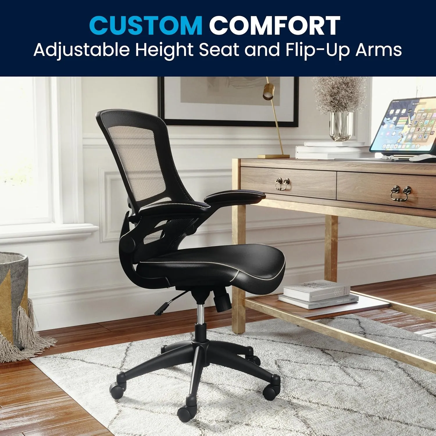 Flash Furniture Kelista Mid-Back Swivel Office Chair with Adjustable Seat Height, Ergonomic Mesh Desk Chair with LeatherSoft Seat, Black