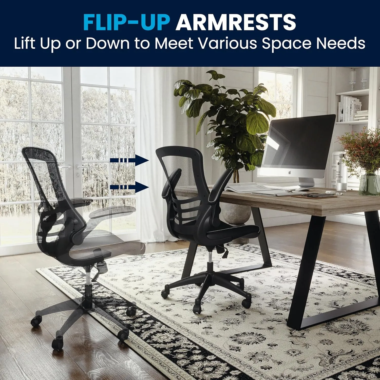 Flash Furniture Kelista Mid-Back Swivel Office Chair with Adjustable Seat Height, Ergonomic Mesh Desk Chair with LeatherSoft Seat, Black