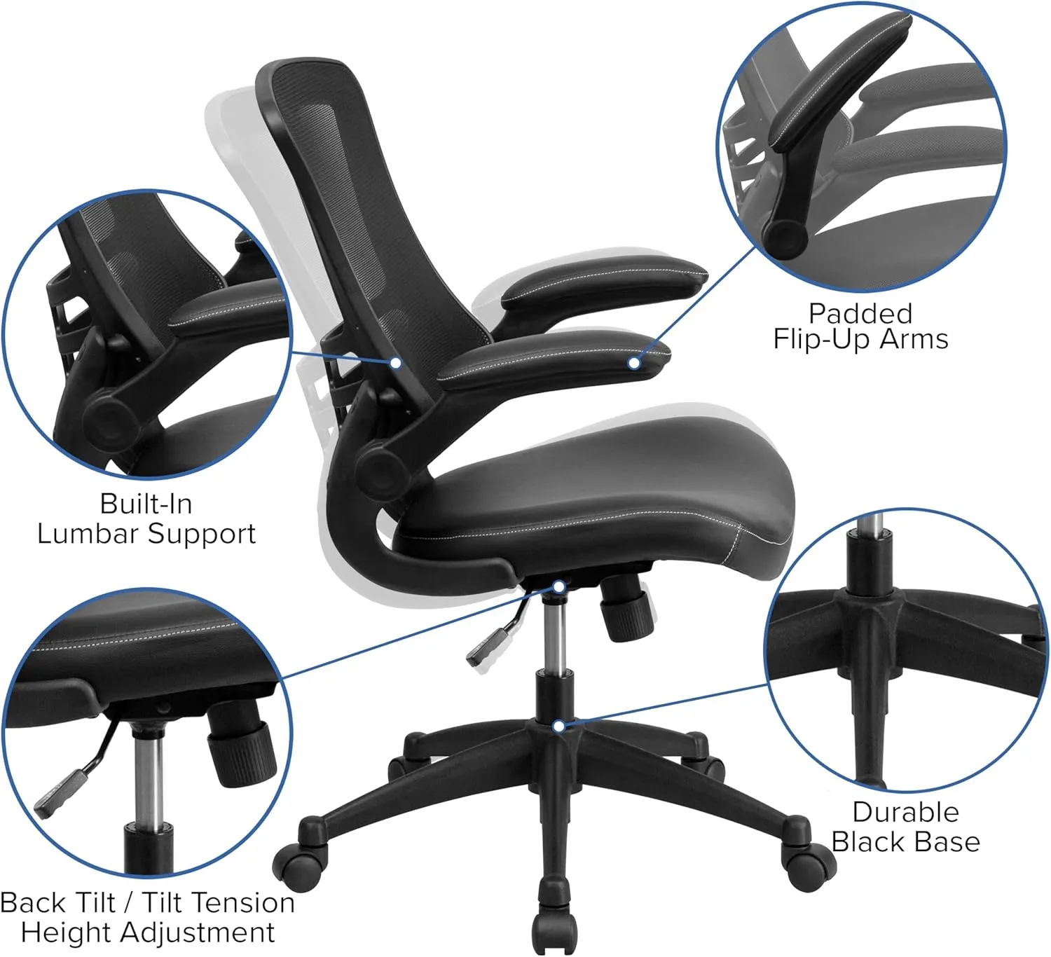 Flash Furniture Kelista Mid-Back Swivel Office Chair with Adjustable Seat Height, Ergonomic Mesh Desk Chair with LeatherSoft Seat, Black