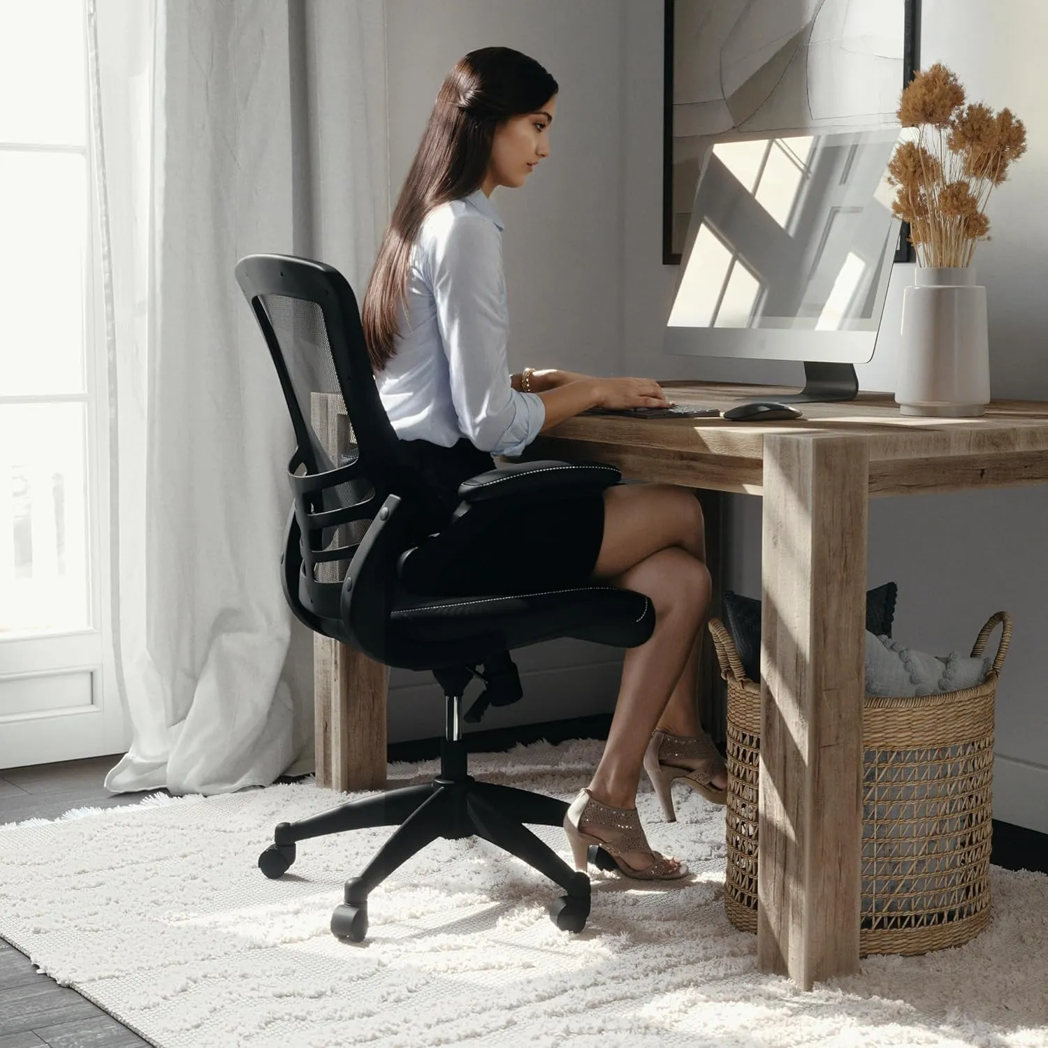 Flash Furniture Kelista Mid-Back Swivel Office Chair with Adjustable Seat Height, Ergonomic Mesh Desk Chair with LeatherSoft Seat, Black