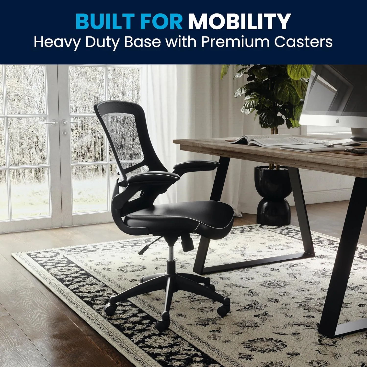 Flash Furniture Kelista Mid-Back Swivel Office Chair with Adjustable Seat Height, Ergonomic Mesh Desk Chair with LeatherSoft Seat, Black
