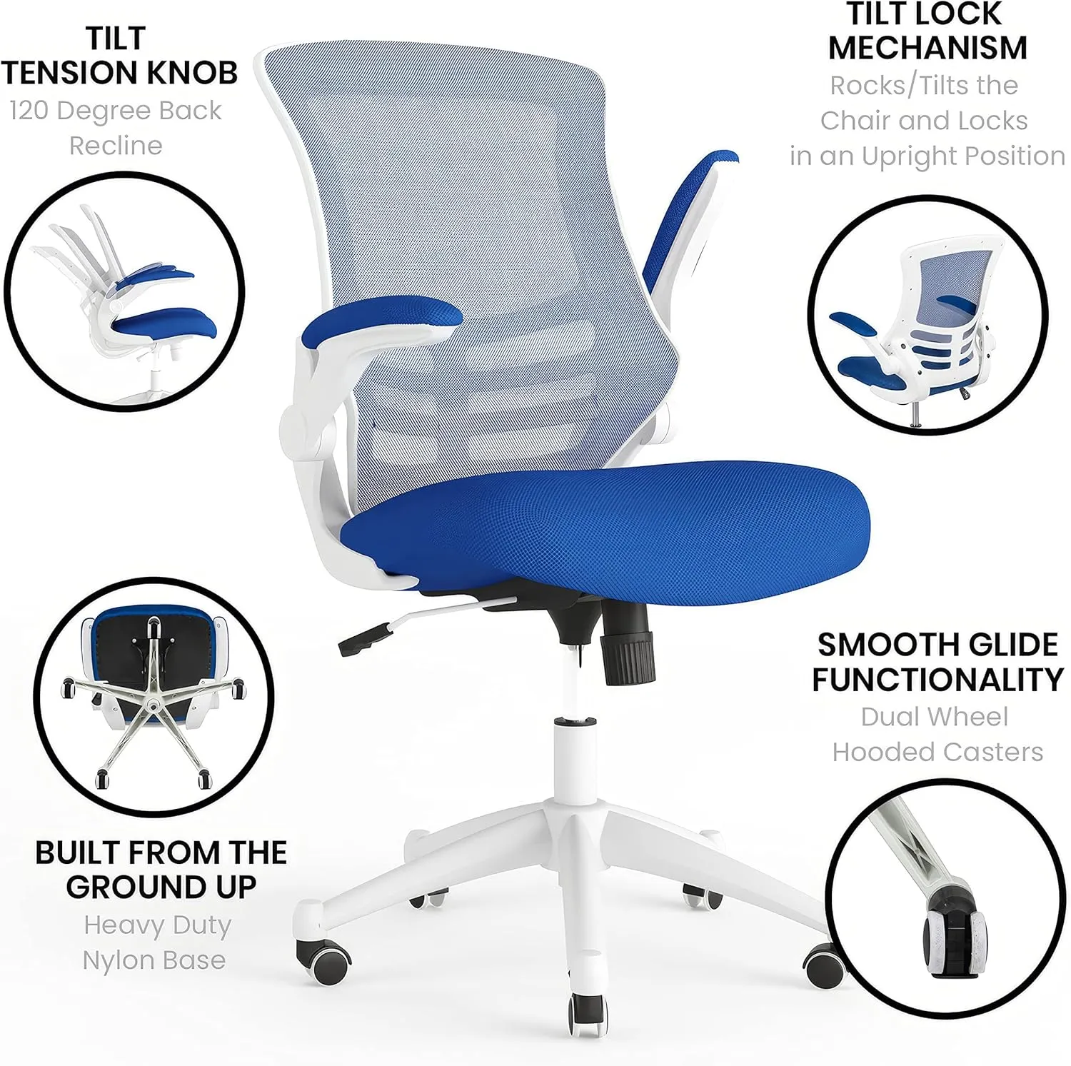 Flash Furniture Kelista Office Chair, Ergonomic, Mid-Back, White Frame, Blue Mesh with Swivel