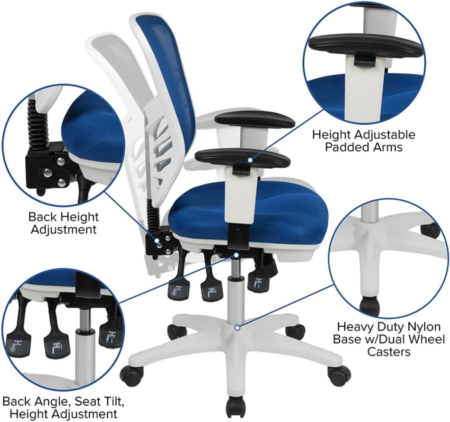 Flash Furniture Nicholas Mid-Back Blue Mesh Multifunction Executive Swivel Ergonomic Office Chair with Adjustable Arms and White Frame