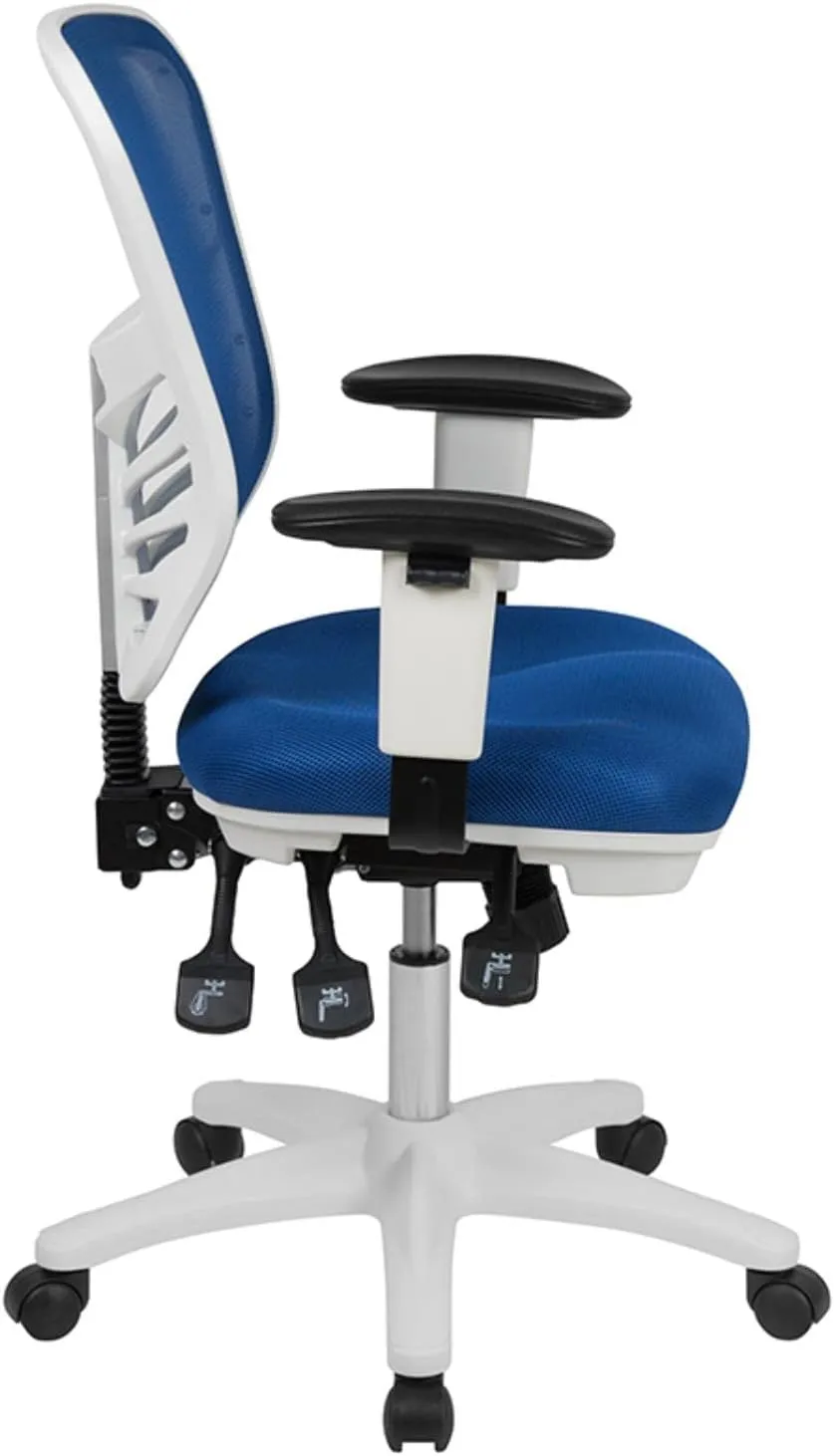 Flash Furniture Nicholas Mid-Back Blue Mesh Multifunction Executive Swivel Ergonomic Office Chair with Adjustable Arms and White Frame