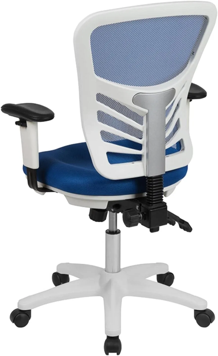 Flash Furniture Nicholas Mid-Back Blue Mesh Multifunction Executive Swivel Ergonomic Office Chair with Adjustable Arms and White Frame