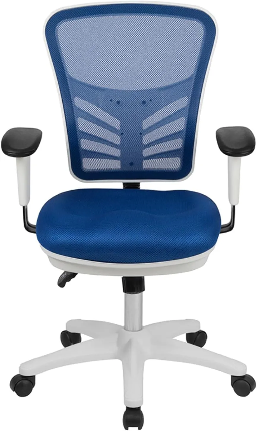 Flash Furniture Nicholas Mid-Back Blue Mesh Multifunction Executive Swivel Ergonomic Office Chair with Adjustable Arms and White Frame