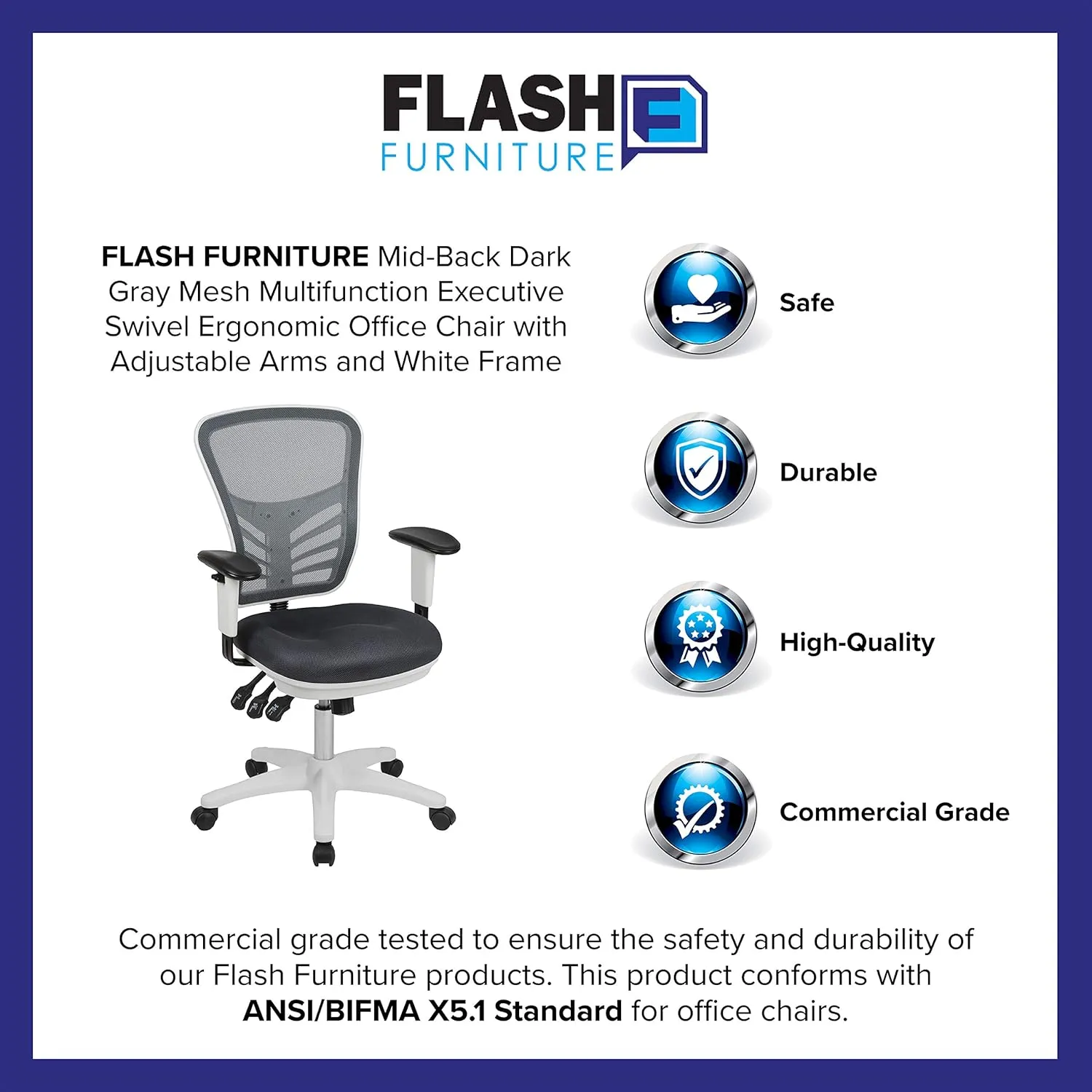 Flash Furniture Nicholas Mid-Back Swivel Office and Gaming Chair, Ergonomic Mesh Office Chair with Adjustable Lumbar Support and Height, Gray/White