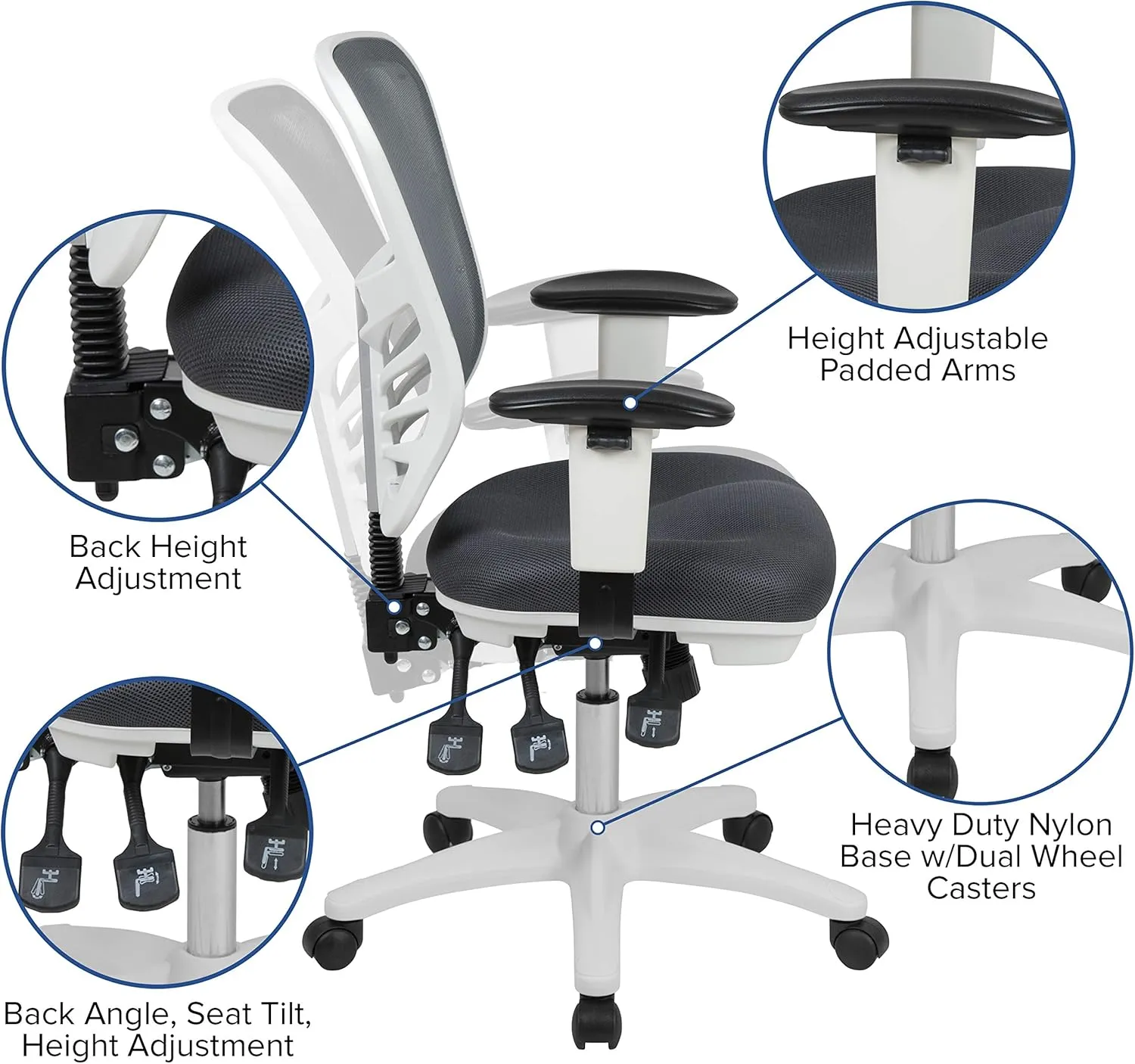 Flash Furniture Nicholas Mid-Back Swivel Office and Gaming Chair, Ergonomic Mesh Office Chair with Adjustable Lumbar Support and Height, Gray/White