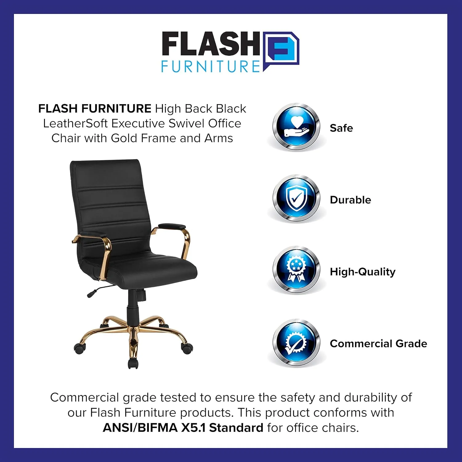 Flash Furniture Whitney High-Back Swivel LeatherSoft Desk Chair with Padded Seat and Armrests, Adjustable Height Padded Office Chair, Black/Gold