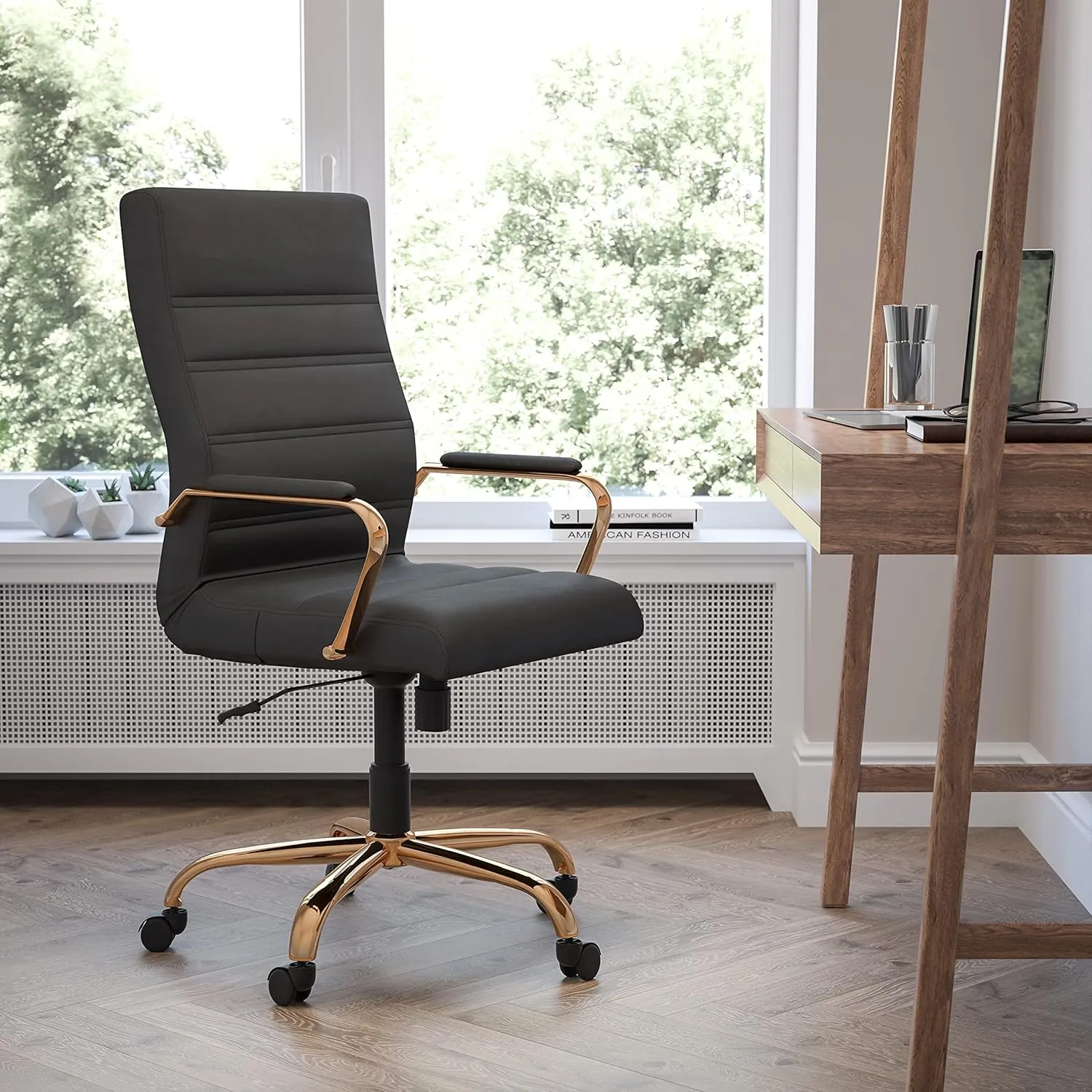 Flash Furniture Whitney High-Back Swivel LeatherSoft Desk Chair with Padded Seat and Armrests, Adjustable Height Padded Office Chair, Black/Gold