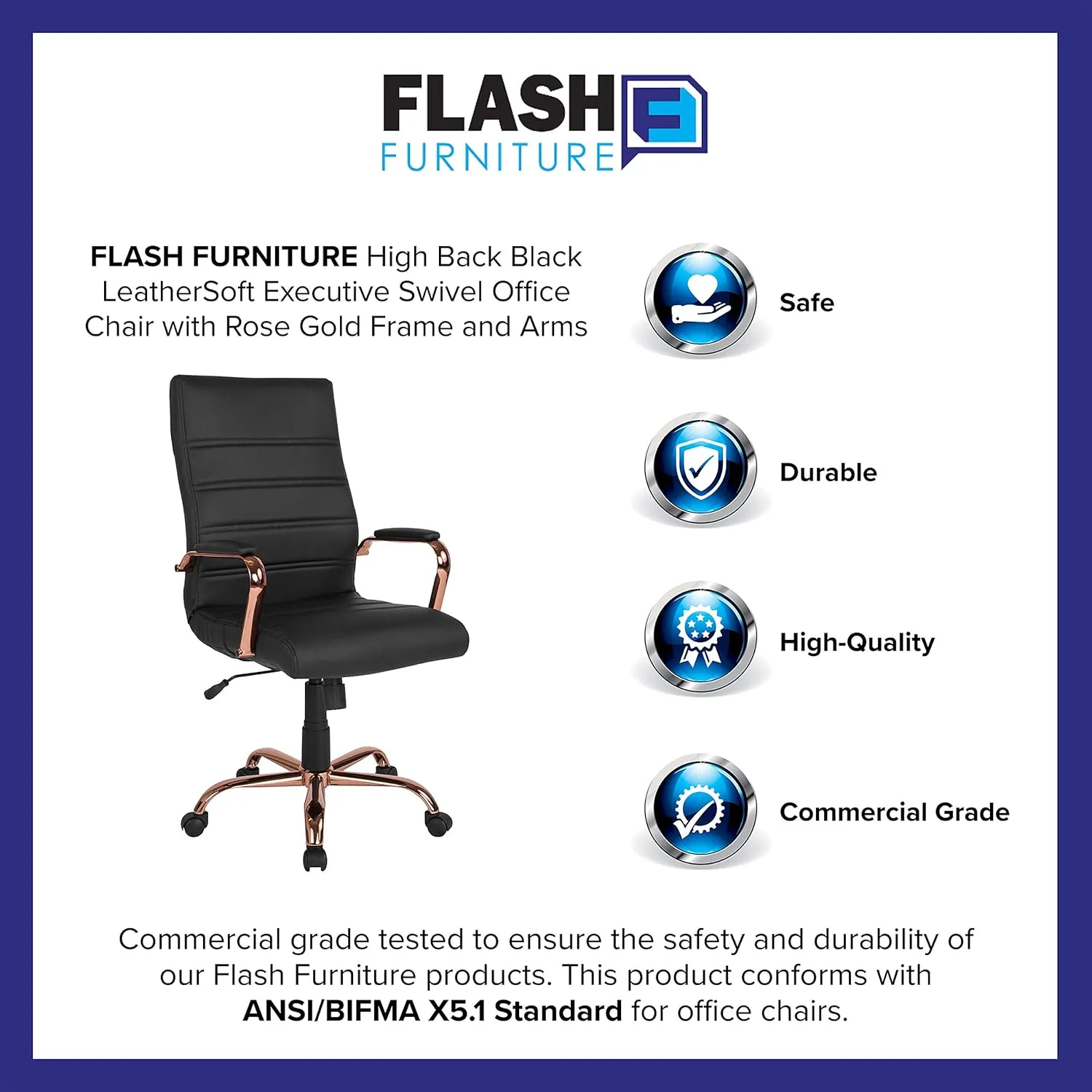 Flash Furniture Whitney High-Back Swivel LeatherSoft Desk Chair with Padded Seat and Armrests, Adjustable Height Padded Office Chair, Black/Rose Gold
