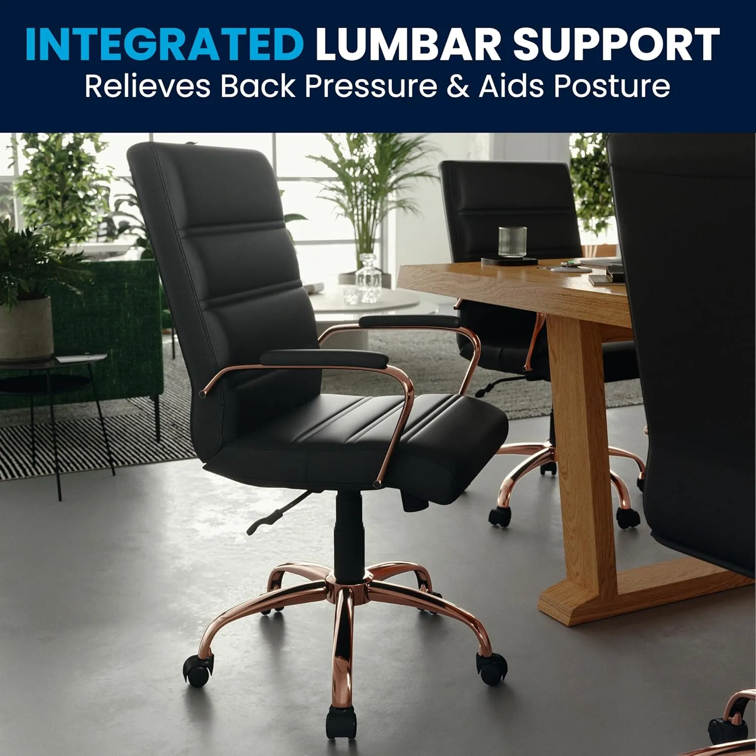 Flash Furniture Whitney Mid-Back Swivel LeatherSoft Desk Chair with Padded Seat and Armrests, Adjustable Height Padded LeatherSoft Office Chair, Black/Rose Gold