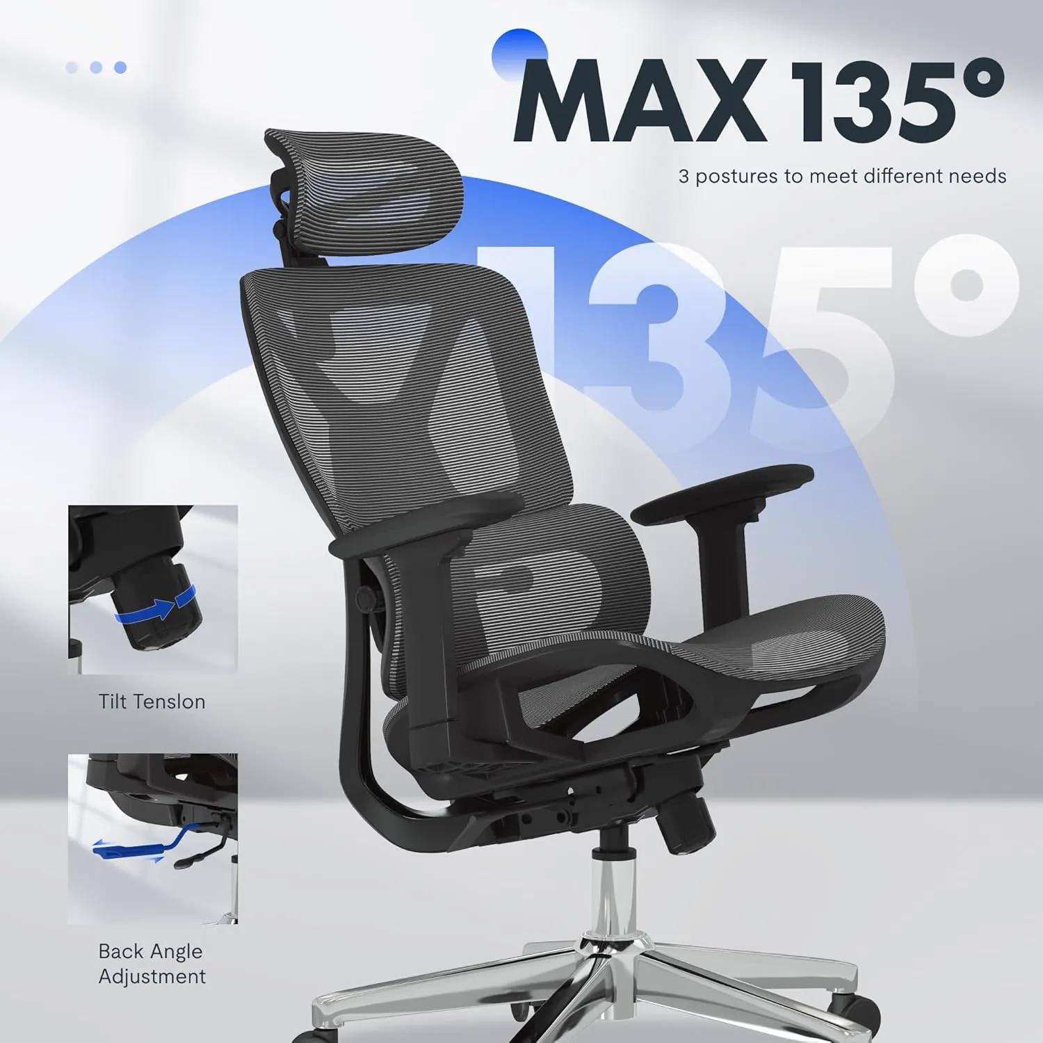 FLEXISPOT Premium Ergonomic Office Chair - Adjustable 3D Armrests, Dynamic Lumbar Support, Recline & Tilt Function, Mesh Seat, for Home & Office Use, OC4-SD Dark Grey