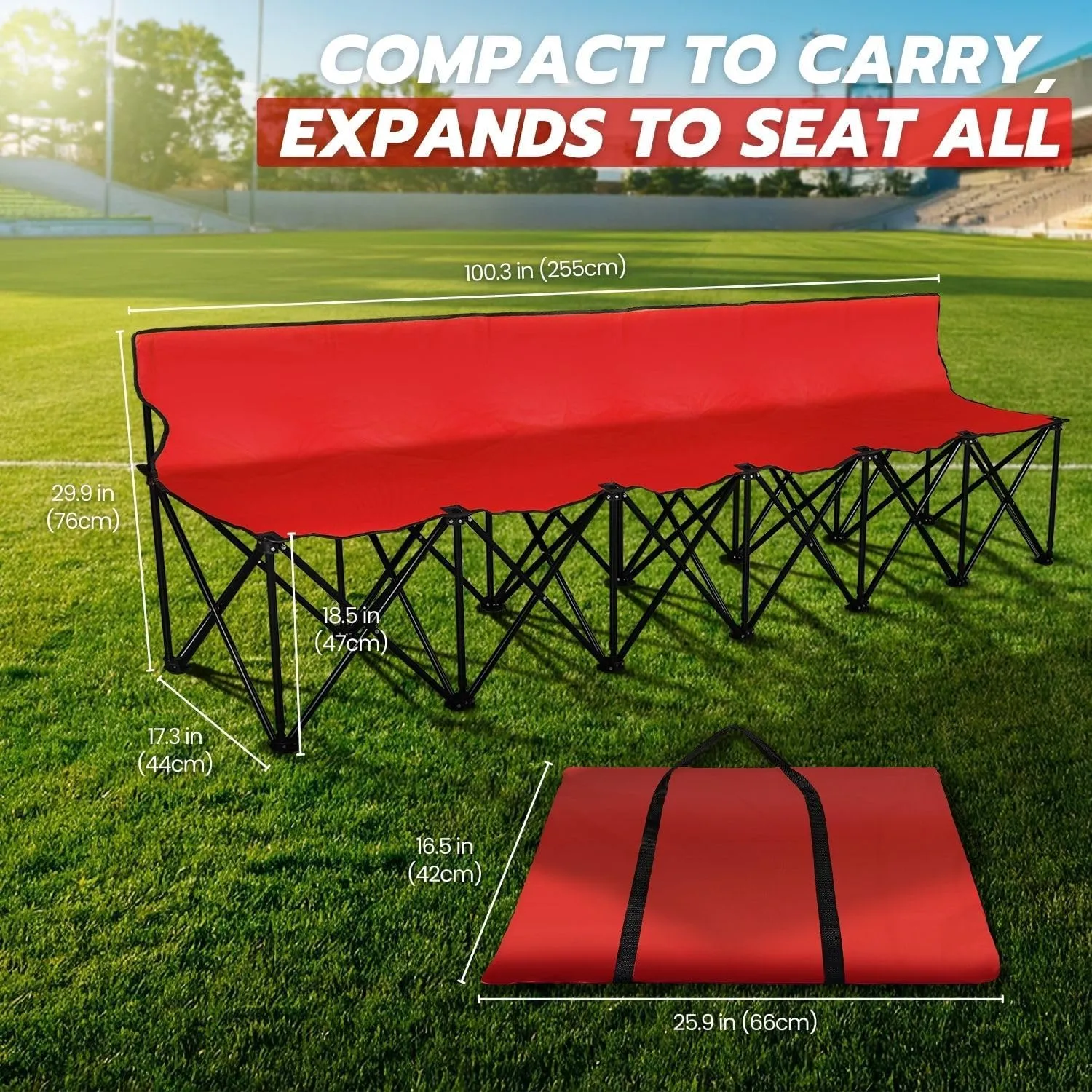 Flexzion Portable Folding Bench Seat, 6 Seater, Collapsible Soccer Bench, Portable Bench Seats for Bleachers, Camping, Sideline, with Back Rest and Carrying Bag, Red