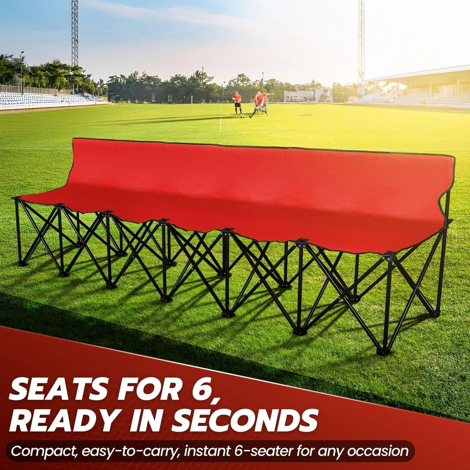 Flexzion Portable Folding Bench Seat, 6 Seater, Collapsible Soccer Bench, Portable Bench Seats for Bleachers, Camping, Sideline, with Back Rest and Carrying Bag, Red