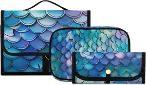 Foldable Hanging Travel Toiletry Organizer Set 3-Piece with Cosmetic Bag & Brush Holder - Colorful Dragon Scales (1)