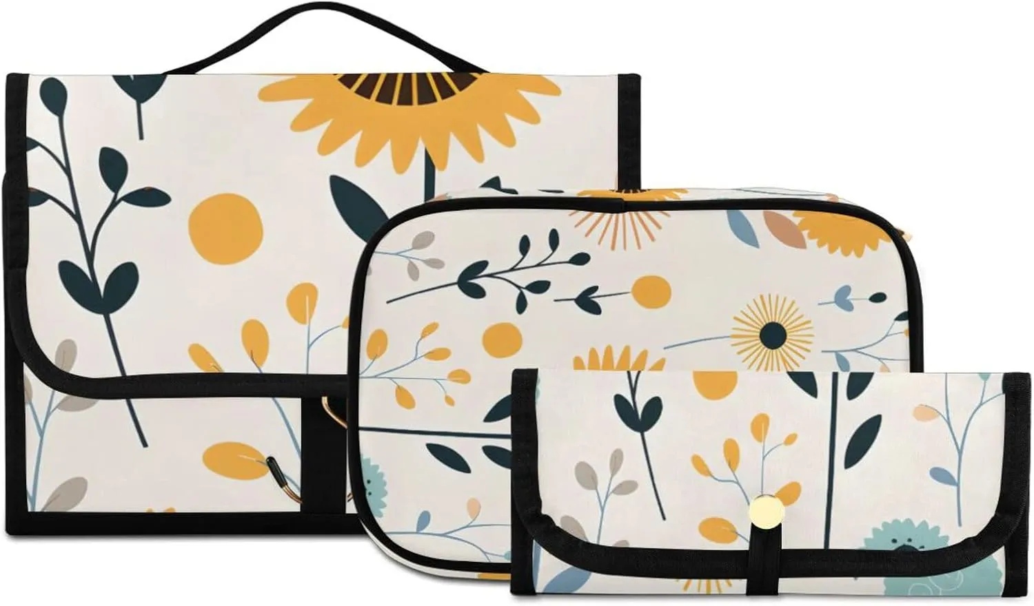 Foldable Hanging Travel Toiletry Organizer Set 3-Piece with Cosmetic Bag & Brush Holder - Cute Illustration Sunflower