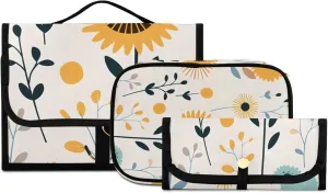 Foldable Hanging Travel Toiletry Organizer Set 3-Piece with Cosmetic Bag & Brush Holder - Cute Illustration Sunflower
