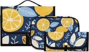 Foldable Hanging Travel Toiletry Organizer Set 3-Piece with Cosmetic Bag & Brush Holder - Cute Lemon (4)