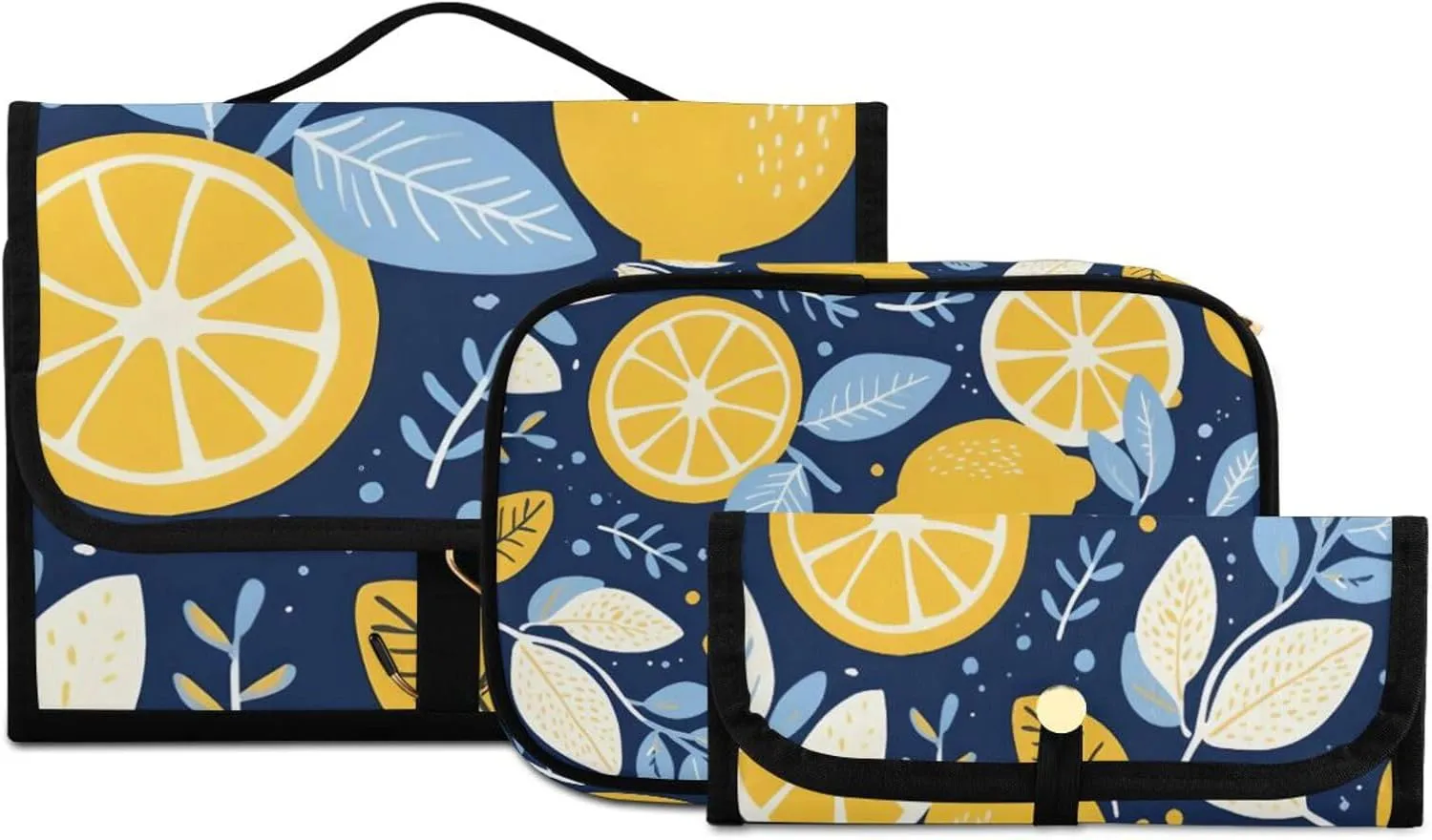 Foldable Hanging Travel Toiletry Organizer Set 3-Piece with Cosmetic Bag & Brush Holder - Cute Lemon (4)