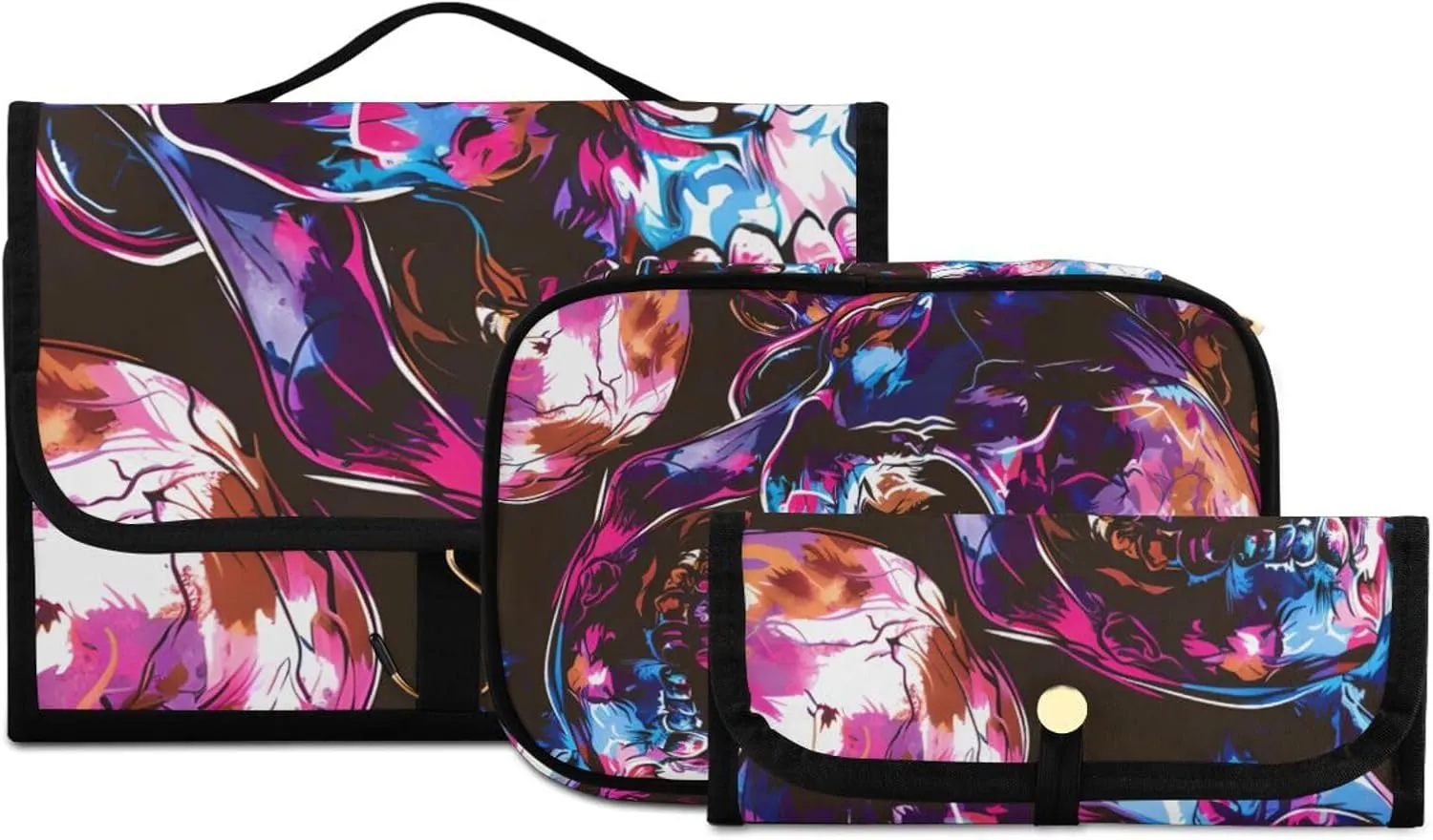 Foldable Hanging Travel Toiletry Organizer Set 3-Piece with Cosmetic Bag & Brush Holder - Skull (5)