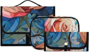 Foldable Hanging Travel Toiletry Organizer Set 3-Piece with Cosmetic Bag & Brush Holder - Stained Glass Rose
