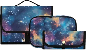 Foldable Hanging Travel Toiletry Organizer Set 3-Piece with Cosmetic Bag & Brush Holder - Starry Sky Universe (9)