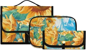 Foldable Hanging Travel Toiletry Organizer Set 3-Piece with Cosmetic Bag & Brush Holder - Sunflower (5)