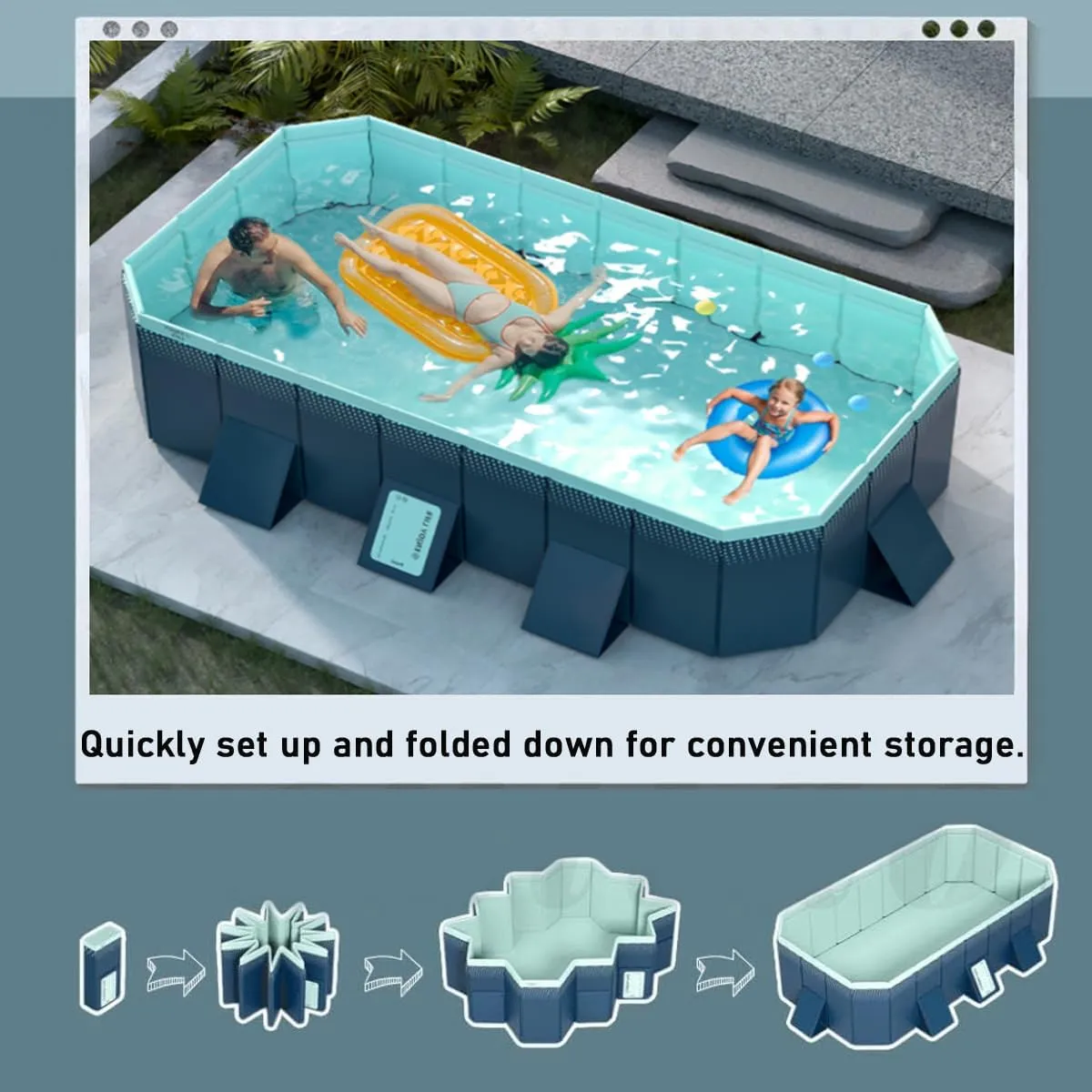 Foldable Non-Inflatable Swimming Pool - Hard Plastic Shell Portable for Kids, Adults, Dogs - Outdoor Backyard Use (116" x 65" x 21"), Blue, US1484