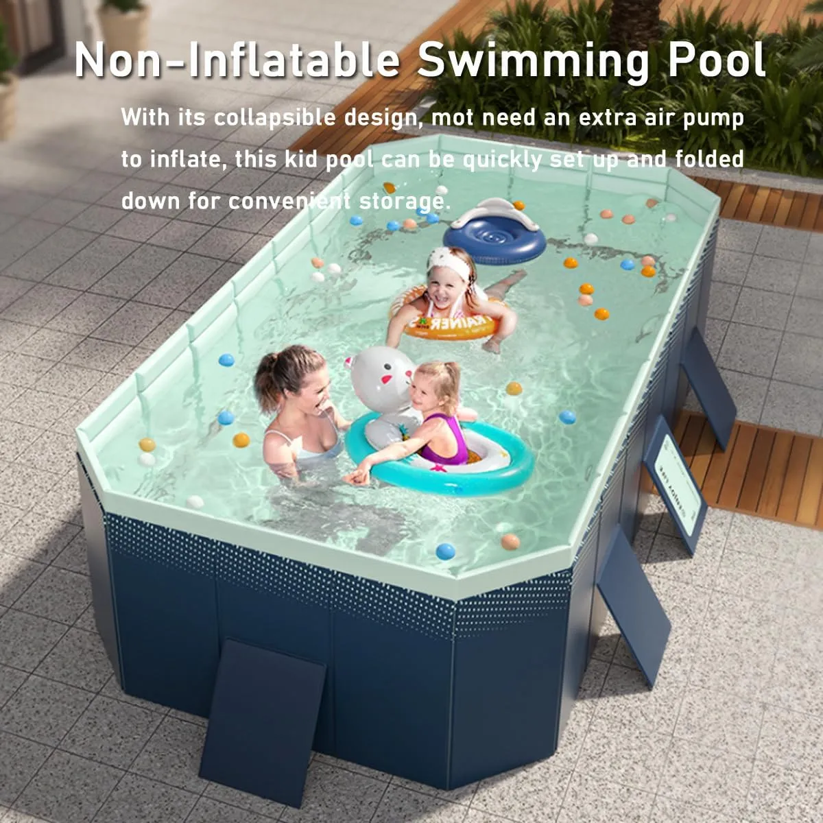 Foldable Non-Inflatable Swimming Pool - Hard Plastic Shell Portable for Kids, Adults, Dogs - Outdoor Backyard Use (116" x 65" x 21"), Blue, US1484