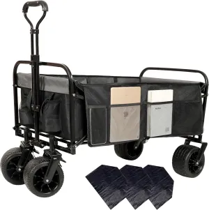 Foldable Wagon Cart with Strapping System 440lbs, Beach Wagon Utility Cart with 360-Degree Swivel Wheels for Camping Shopping Gardening Fishing(Including 3pcs Plastic Liner Bag),Black