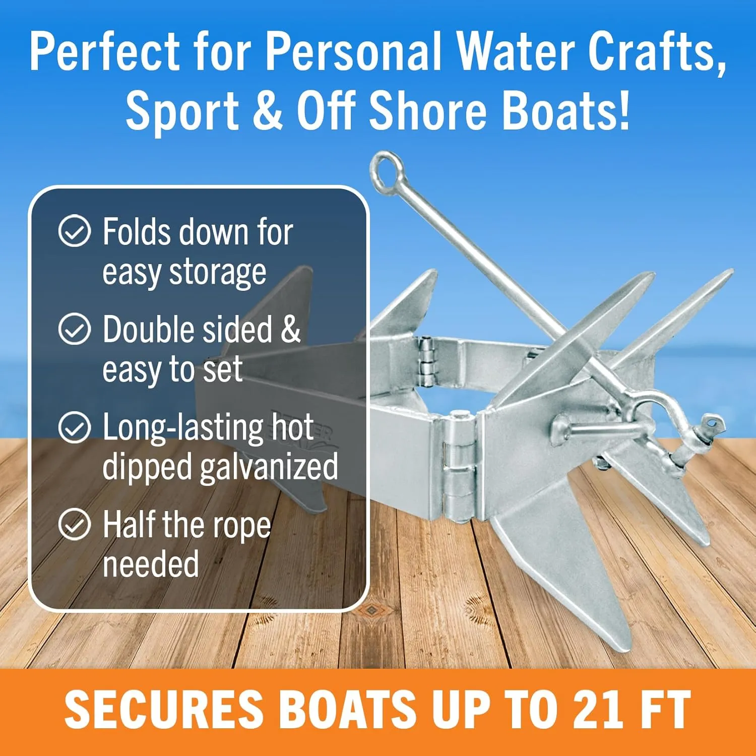Folding Boat Box Anchor 13lb, 19lb or 26lb, Prevents Anchor Slide, for Boats up to 34 ft, Pontoon, Fishing, Cabin Cruisers, Hot-Dipped Galvanized