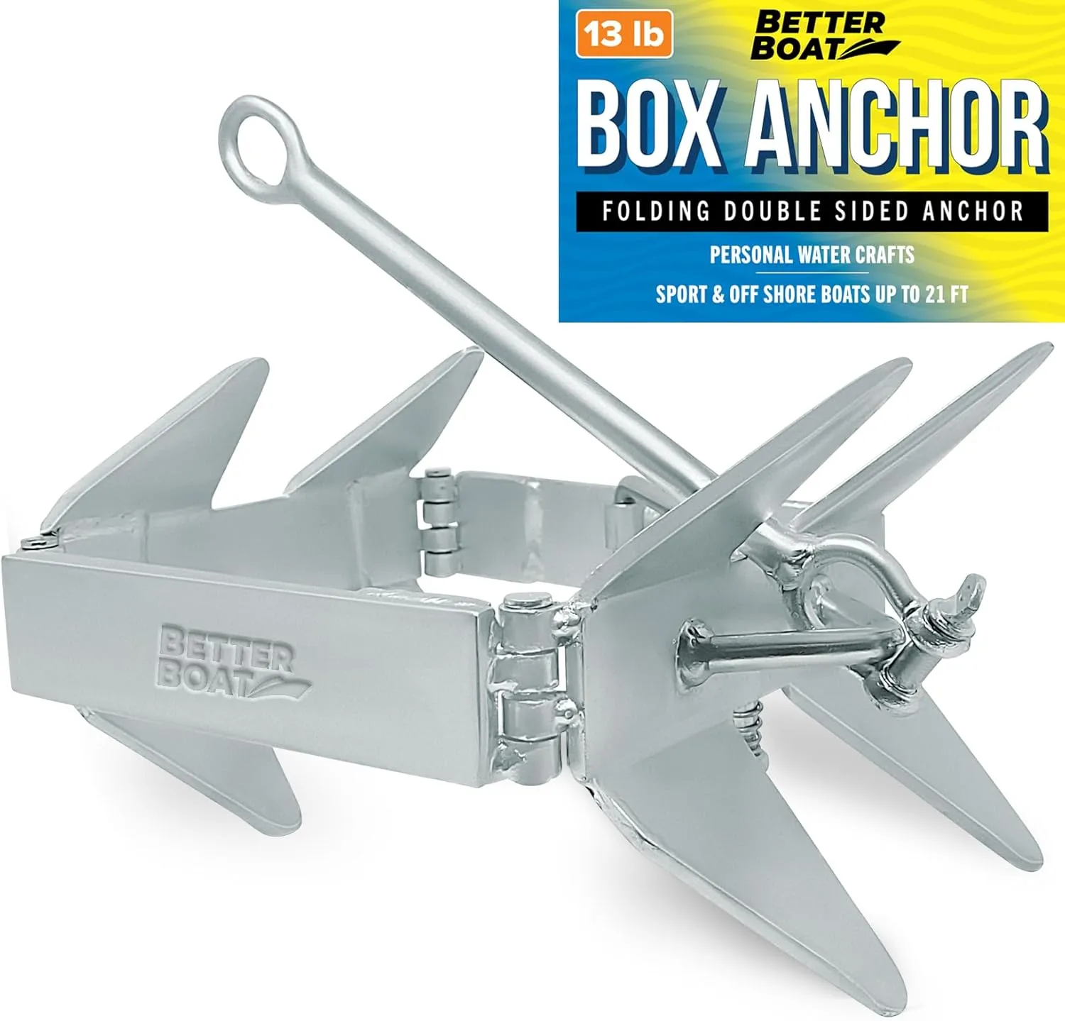 Folding Boat Box Anchor 13lb, 19lb or 26lb, Prevents Anchor Slide, for Boats up to 34 ft, Pontoon, Fishing, Cabin Cruisers, Hot-Dipped Galvanized