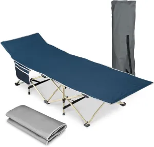 Folding Camping Cot, Portable Collapsible Cot Bed with Carry Bags, Detachable Sleeping Pad,Slanted Bed Head, Lounge Chair for Home Office Nap Beach Travel Hunting Fishing (Blue)