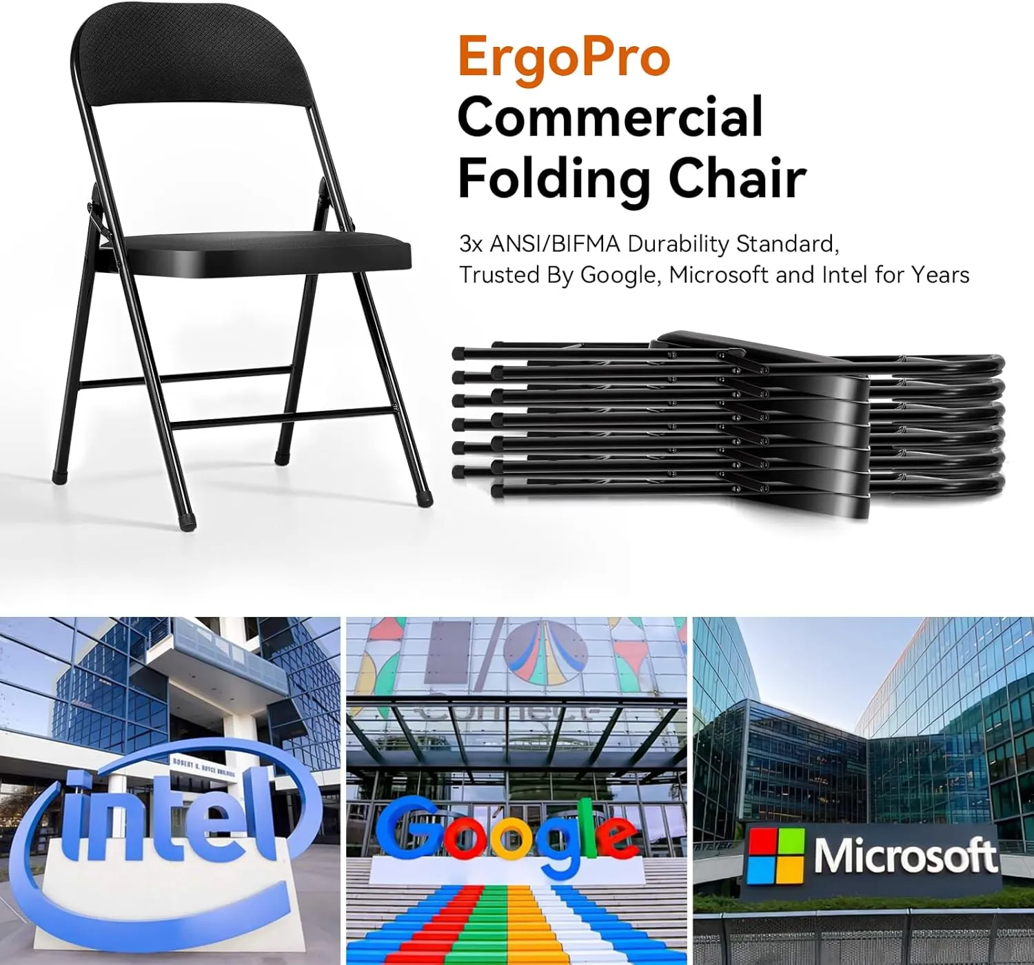 Folding Chairs with Cushion 6 Pack - Black Fabric Padded Folding Chair with Steel Frame for Events Office Wedding Party, 330 Pound Capacity (Black, Fabric, Set of 6)