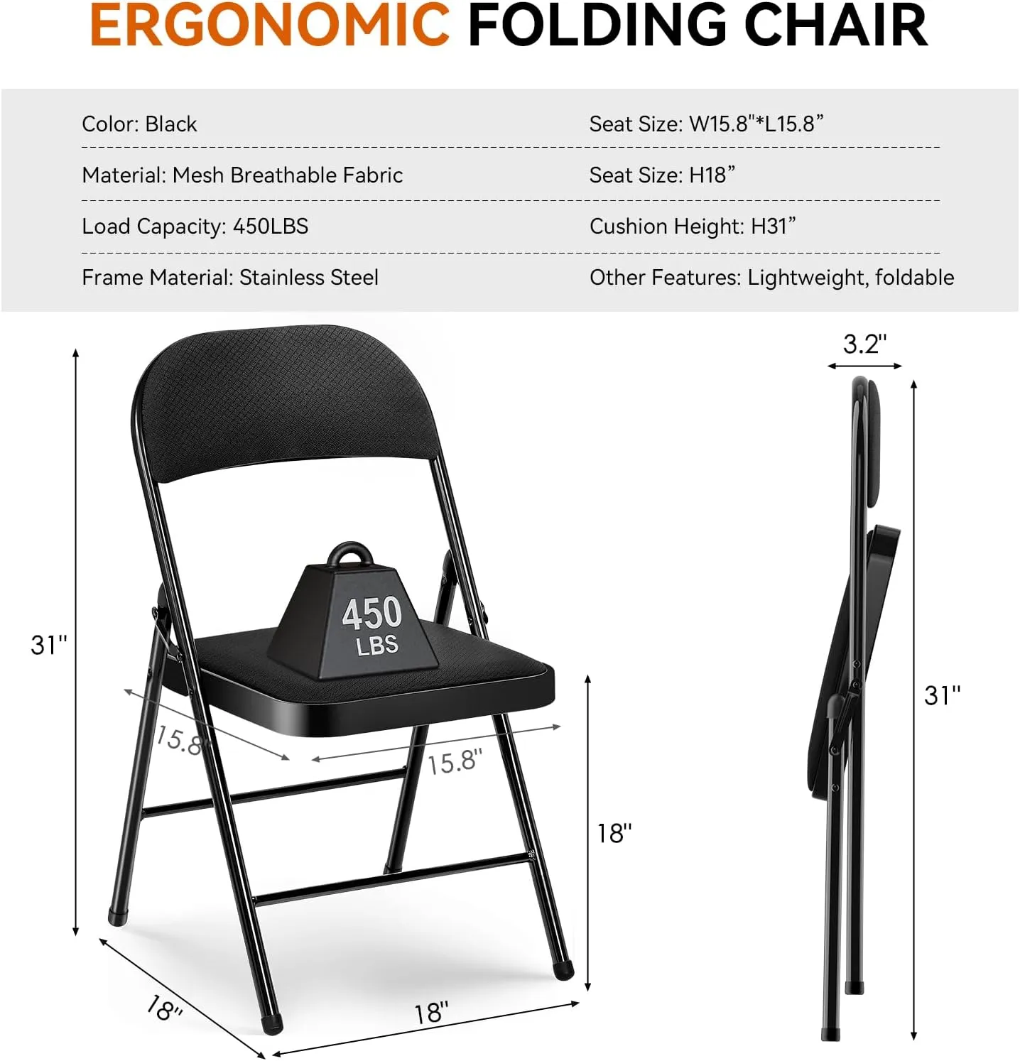 Folding Chairs with Cushion 6 Pack - Black Fabric Padded Folding Chair with Steel Frame for Events Office Wedding Party, 330 Pound Capacity (Black, Fabric, Set of 6)