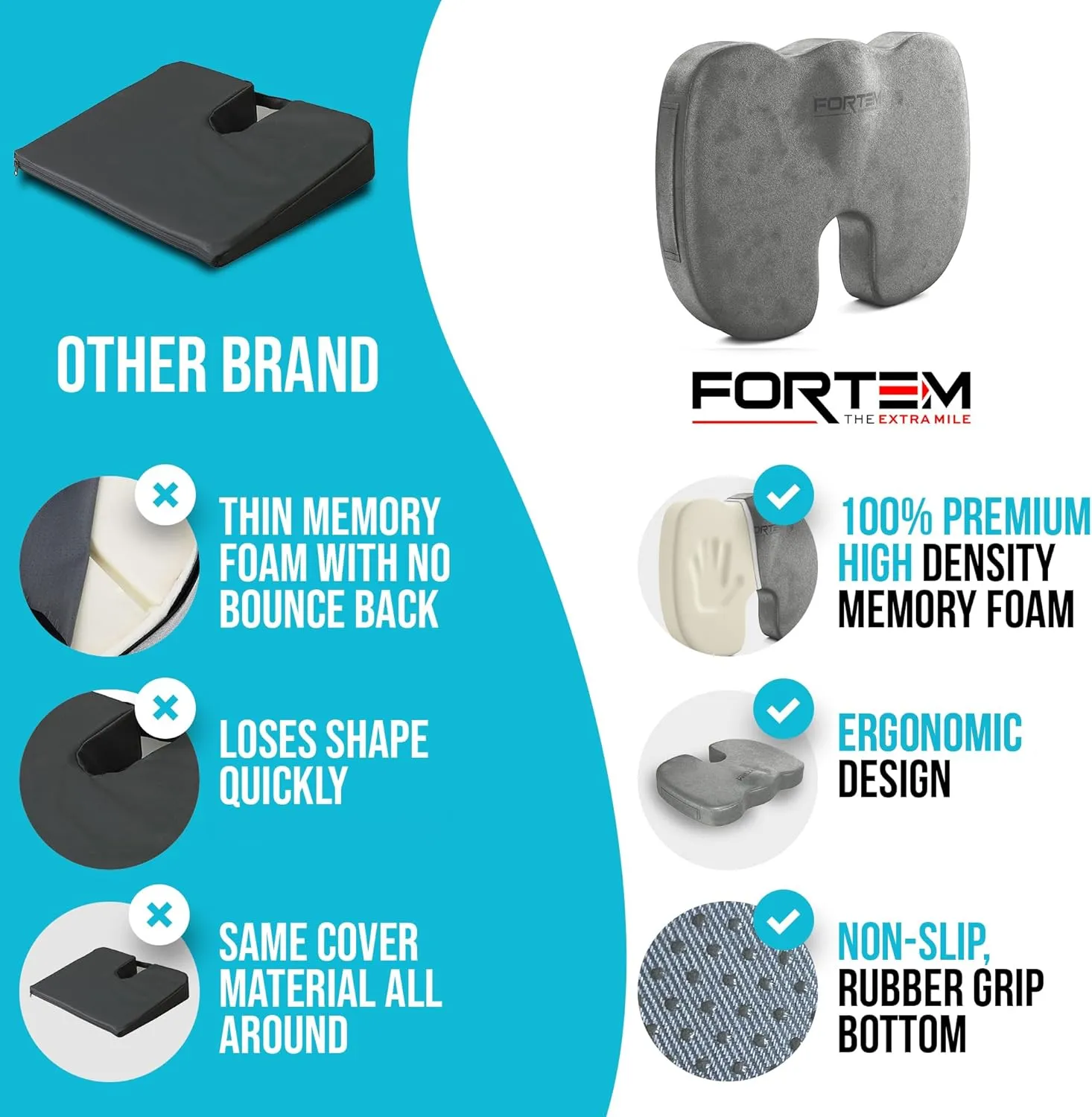 FORTEM Office Chair Cushion, Memory Foam Seat Cushion, Non Slip Sitting Pillow for Gaming, Car Seat, Computer Chair Pad, Sciatica and Tailbone Support, Washable Cover, XL