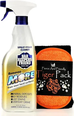 Fox Trot Bar Keepers Friend Spray and Foam Cleaner, 25.4oz Hard Water Stain Remover Tiger Pack Black Pro-Grade Microfiber Towel & Dual-Sided Sponge, Cleans Dirt from Hard Surfaces