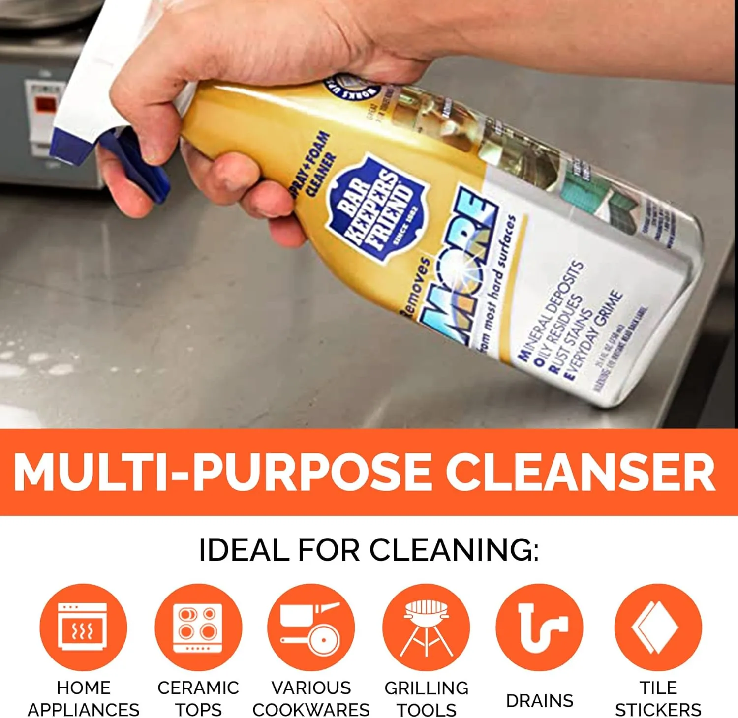 Fox Trot Bar Keepers Friend Spray and Foam Cleaner, 25.4oz Hard Water Stain Remover Tiger Pack Black Pro-Grade Microfiber Towel & Dual-Sided Sponge, Cleans Dirt from Hard Surfaces