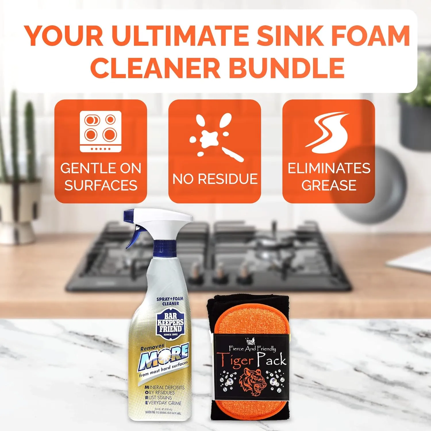 Fox Trot Bar Keepers Friend Spray and Foam Cleaner, 25.4oz Hard Water Stain Remover Tiger Pack Black Pro-Grade Microfiber Towel & Dual-Sided Sponge, Cleans Dirt from Hard Surfaces