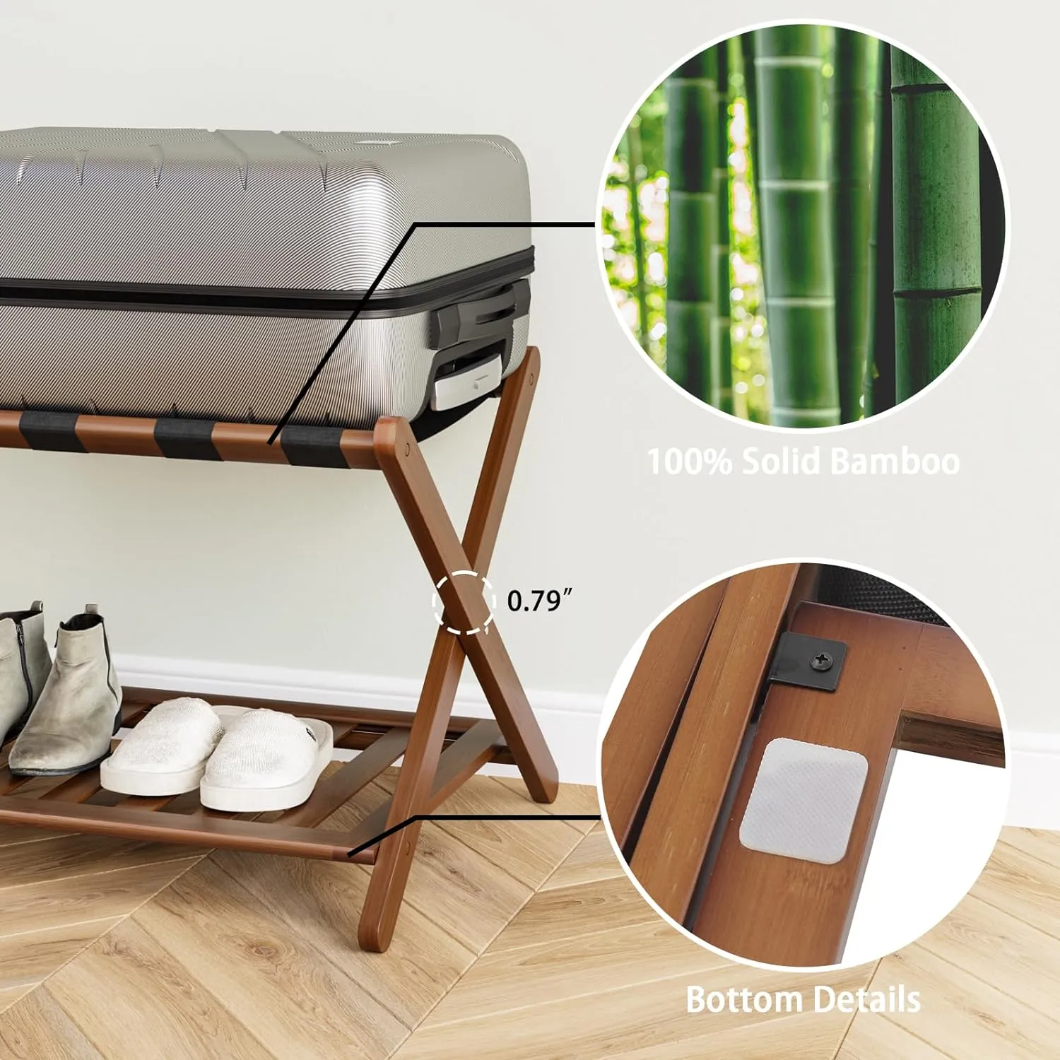 Fully Assembled Walnut Luggage Racks Set of 2, 5 Nylon Straps Folding Suitcase Stand, Bamboo Luggage Stands with Storage Shelf, Ideal for Guest Room, Bedroom, Hotel