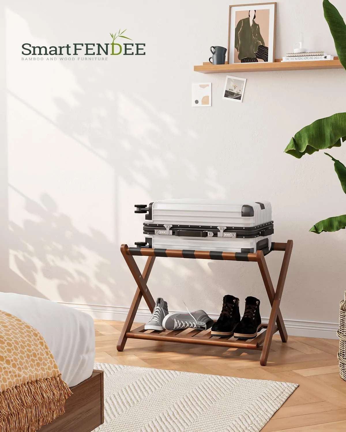 Fully Assembled Walnut Luggage Racks Set of 2, 5 Nylon Straps Folding Suitcase Stand, Bamboo Luggage Stands with Storage Shelf, Ideal for Guest Room, Bedroom, Hotel