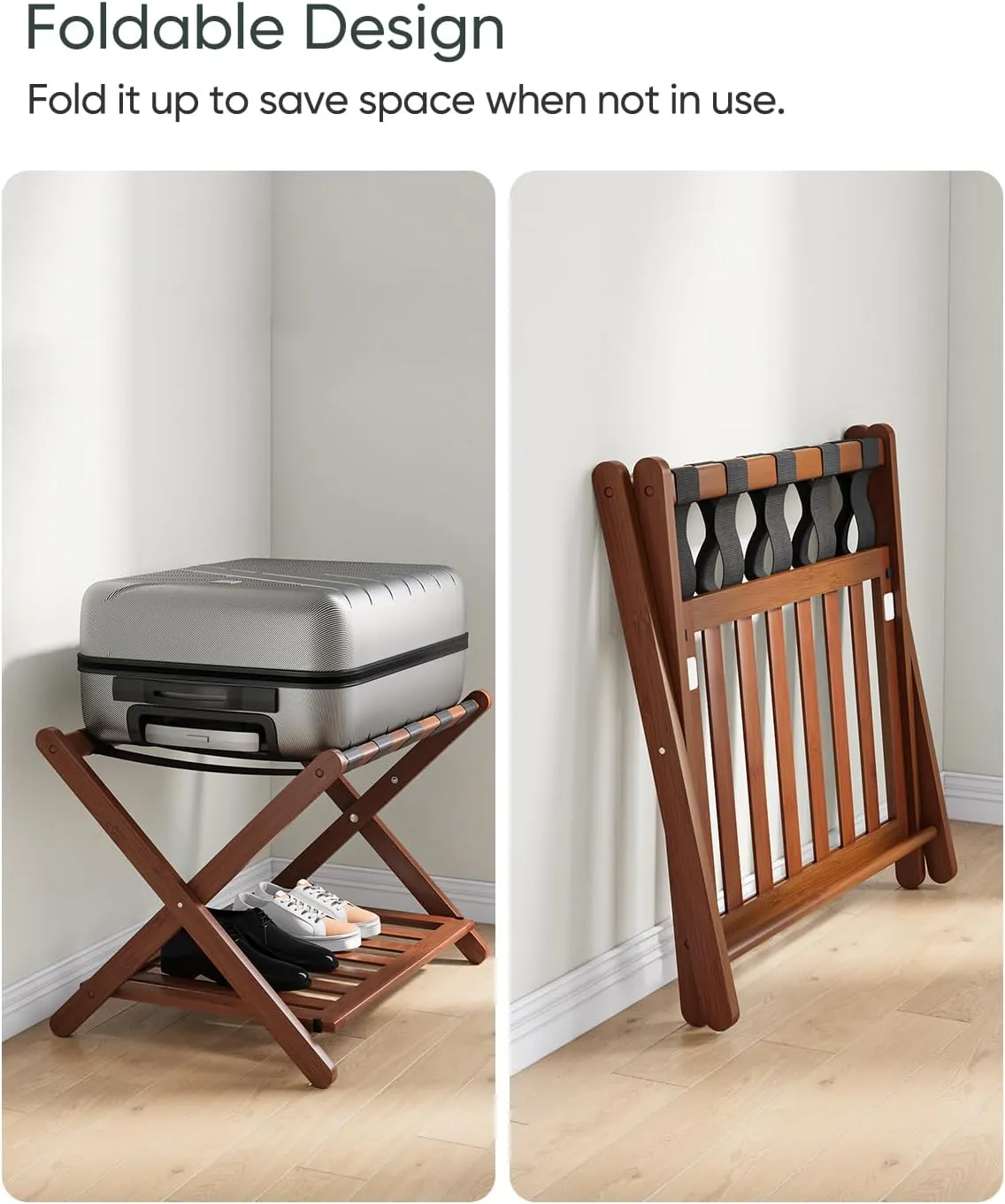 Fully Assembled Walnut Luggage Racks Set of 2, 5 Nylon Straps Folding Suitcase Stand, Bamboo Luggage Stands with Storage Shelf, Ideal for Guest Room, Bedroom, Hotel